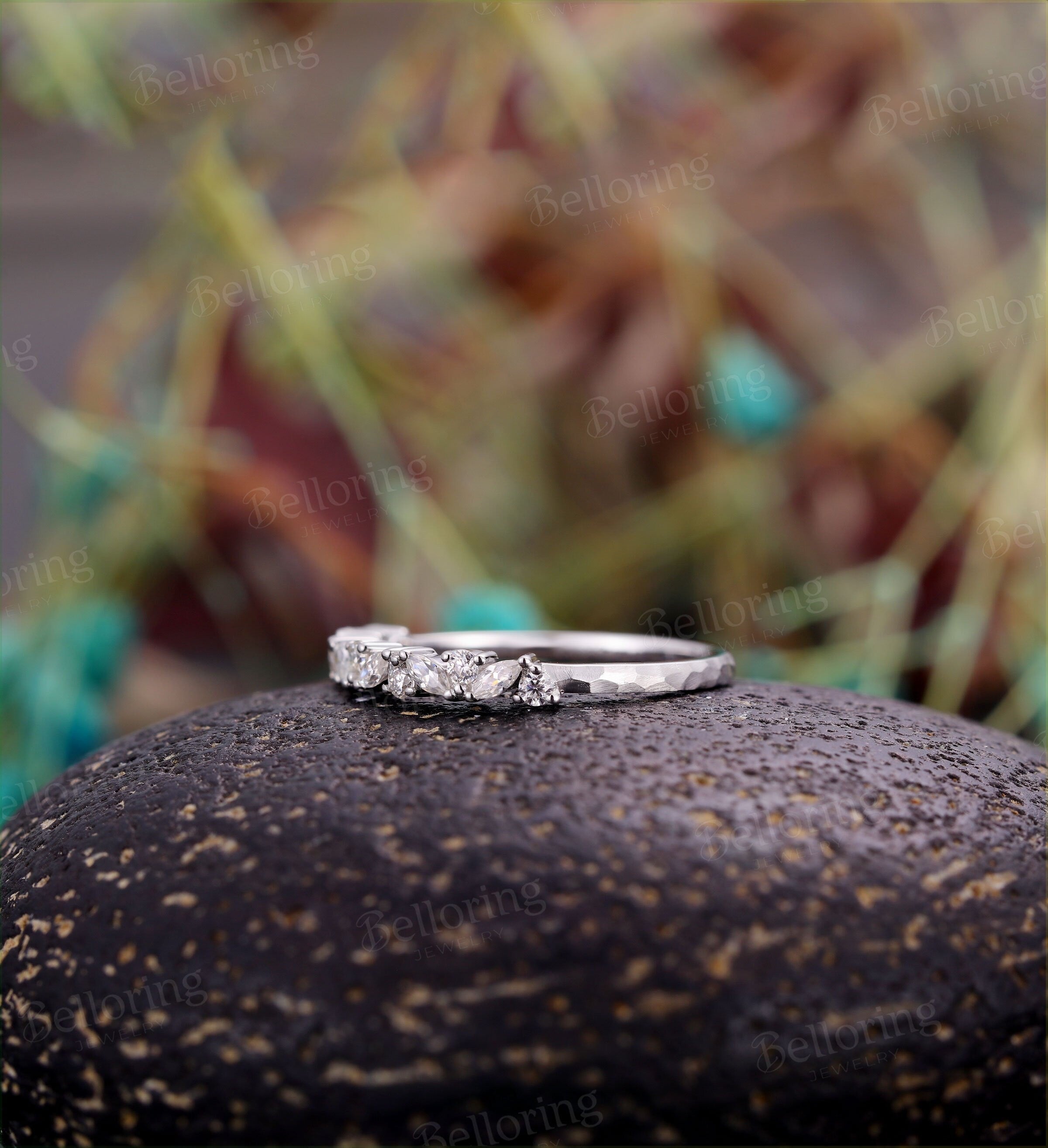 Hammered finish Marquise cut & round Moissanite wedding band vintage white gold  Half eternity antique unique Promise Matching band