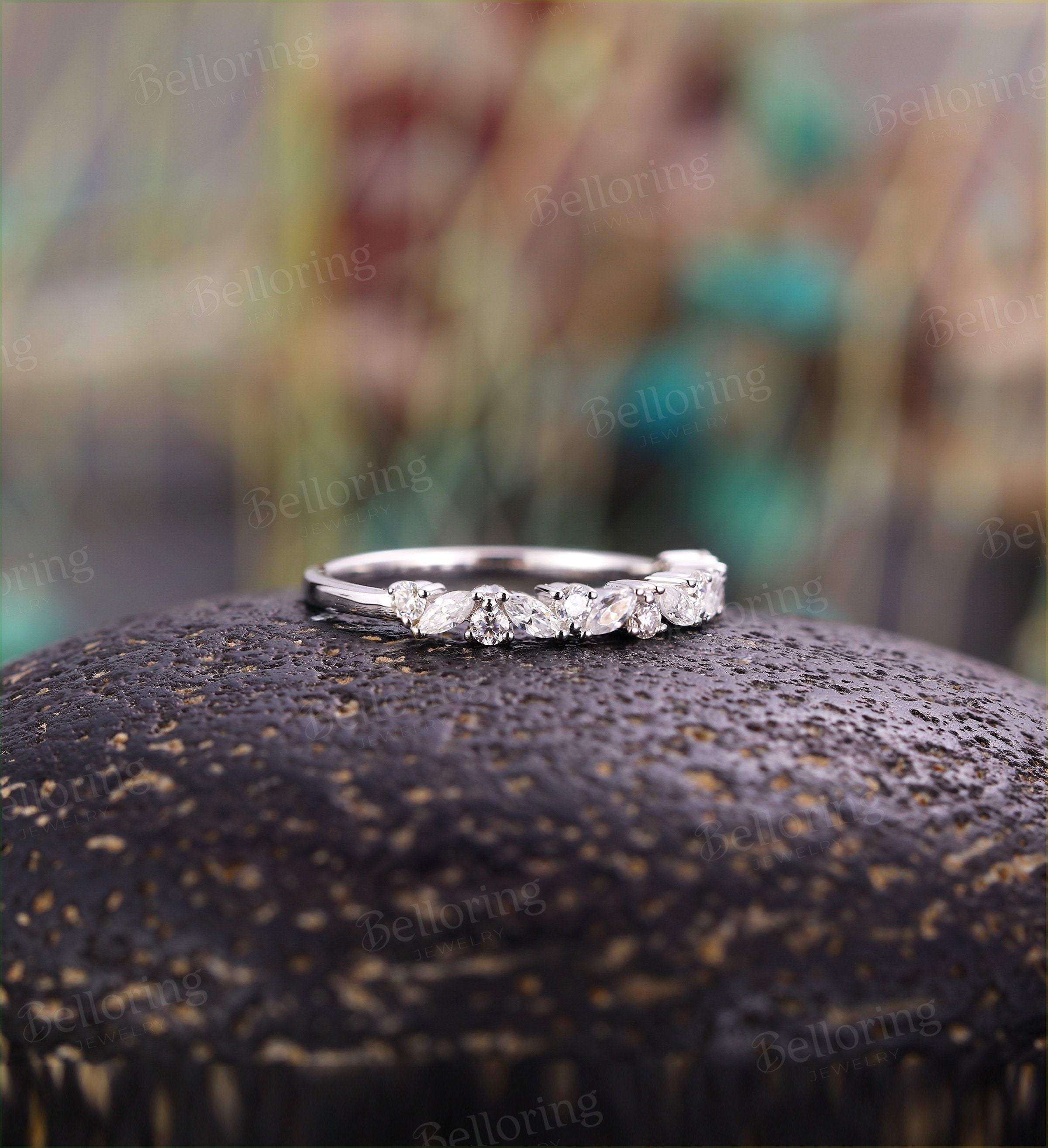 Marquise&Round cut Moissanite/Diamond wedding band vintage white gold Half eternity antique unique Stacking Matching band anniversary ring