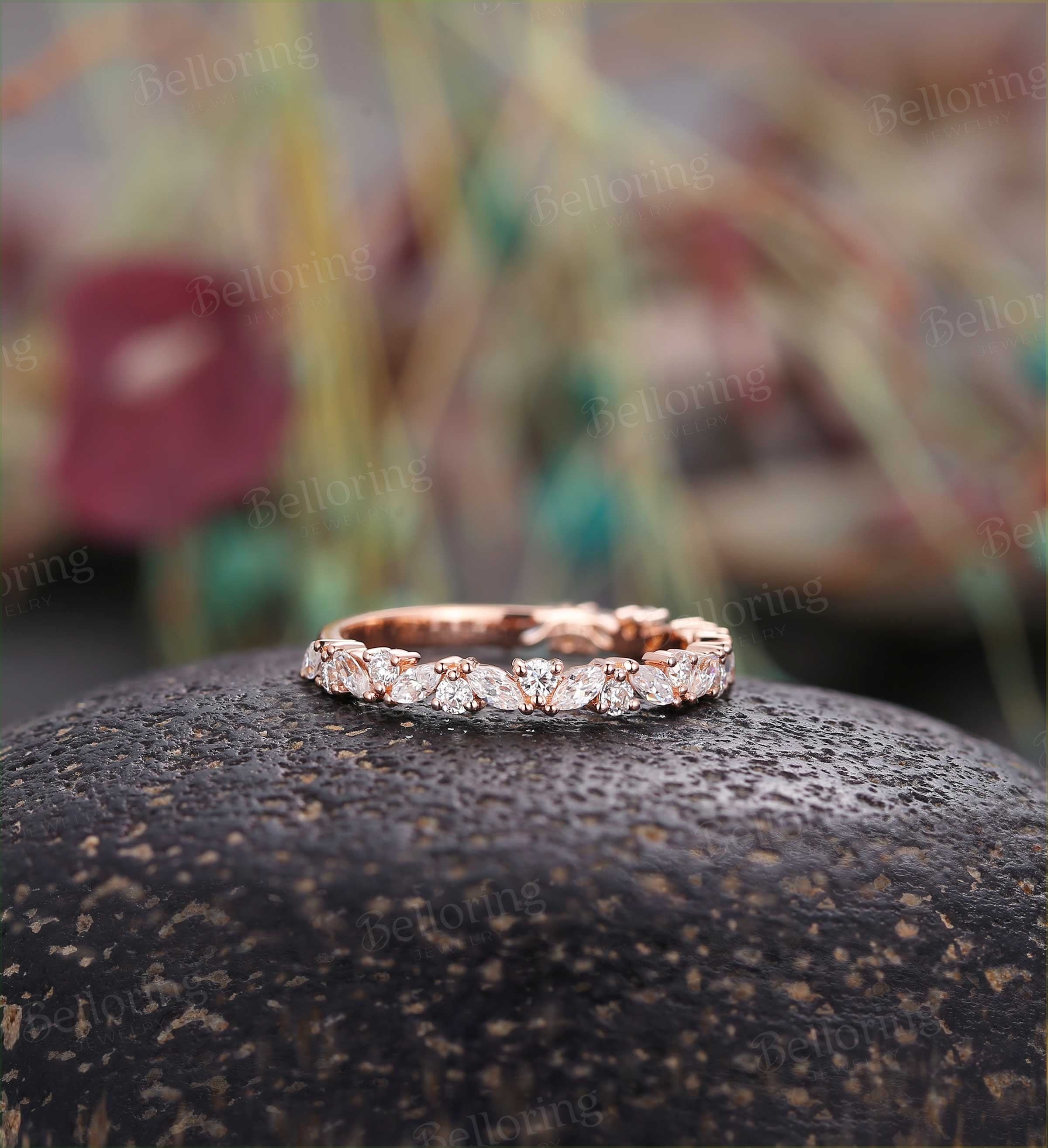 Marquise&Round cut Moissanite wedding band vintage yellow gold 3/4 eternity band antique unique promise Matching band anniversary ring