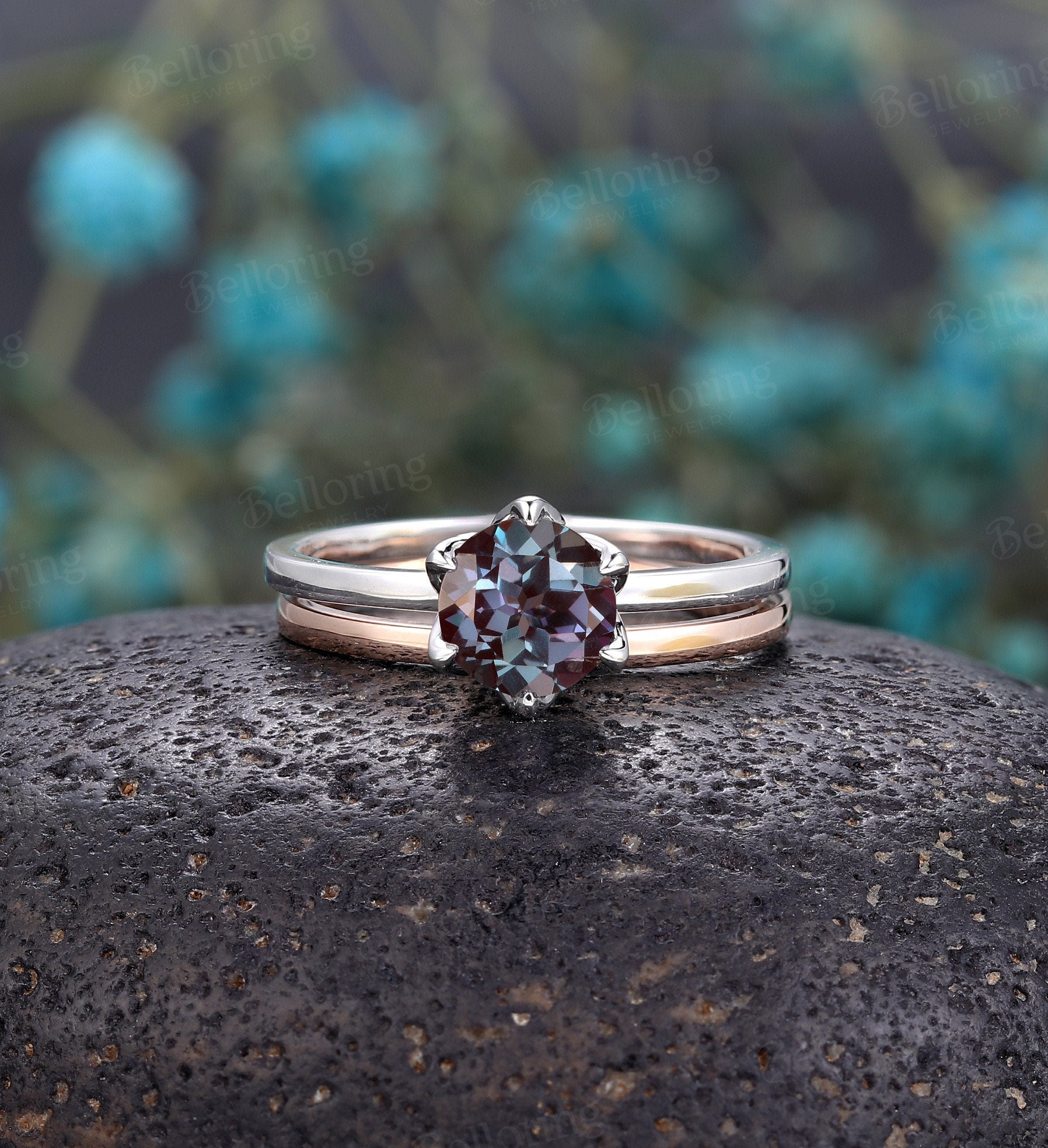 Vintage Alexandrite Bridal set,Art deco engagement ring,Prong set ring,Rose  gold wedding band,Unique stacking band,promise Anniversary ring