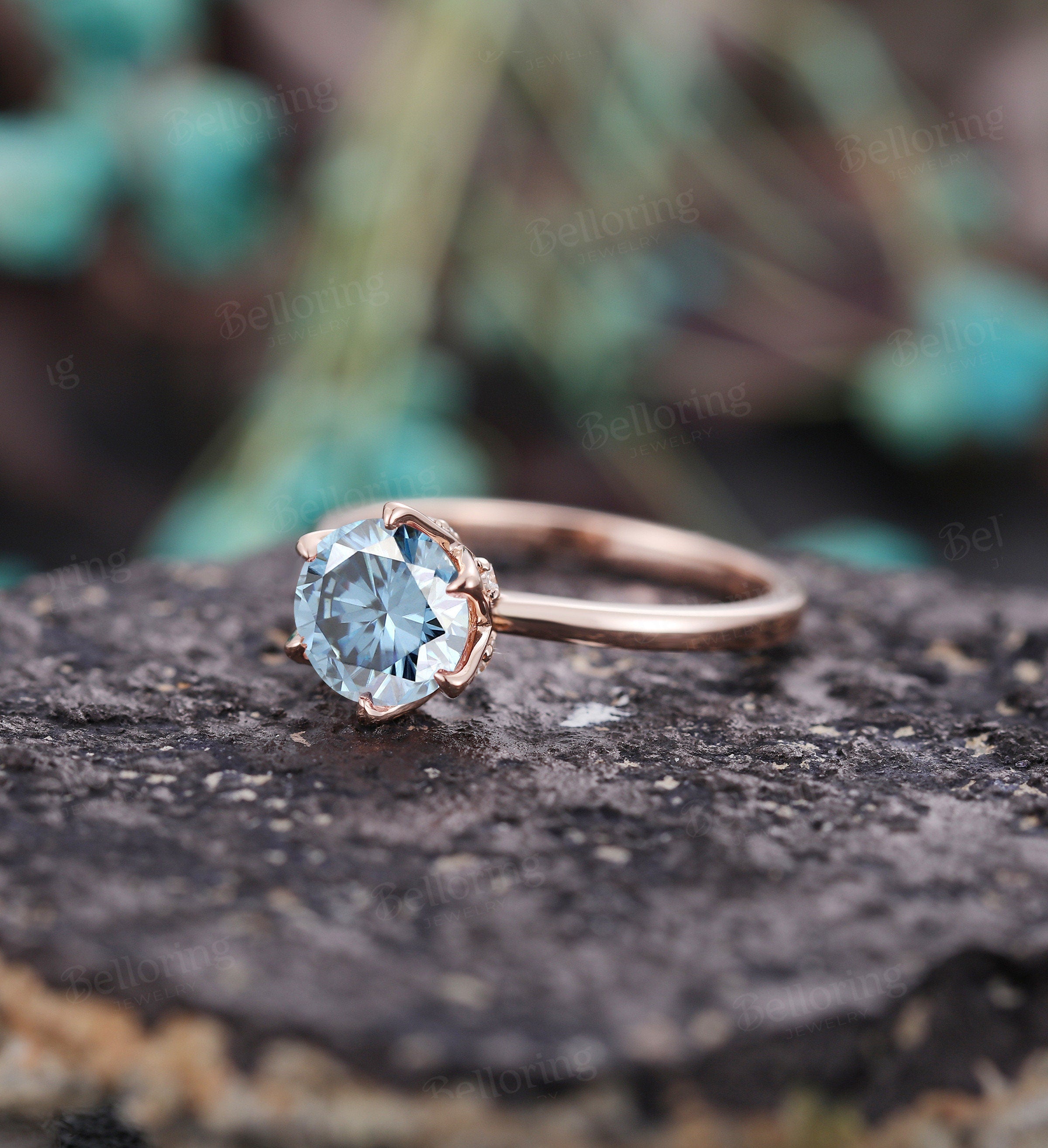 Grey Blue Moissanite engagement ring vintage prong set unique rose gold diamond art deco promise ring solitaire ring anniversary wedding