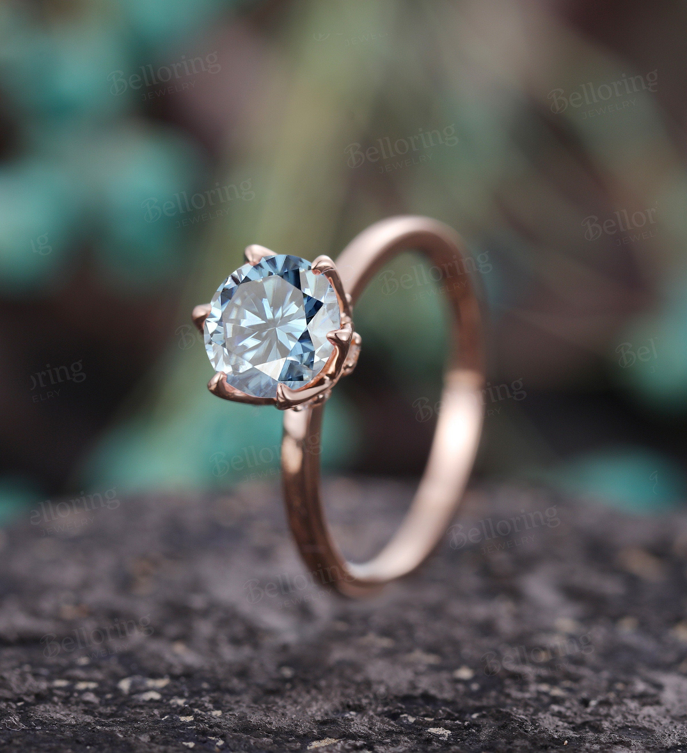 Grey Blue Moissanite engagement ring vintage prong set unique rose gold diamond art deco promise ring solitaire ring anniversary wedding