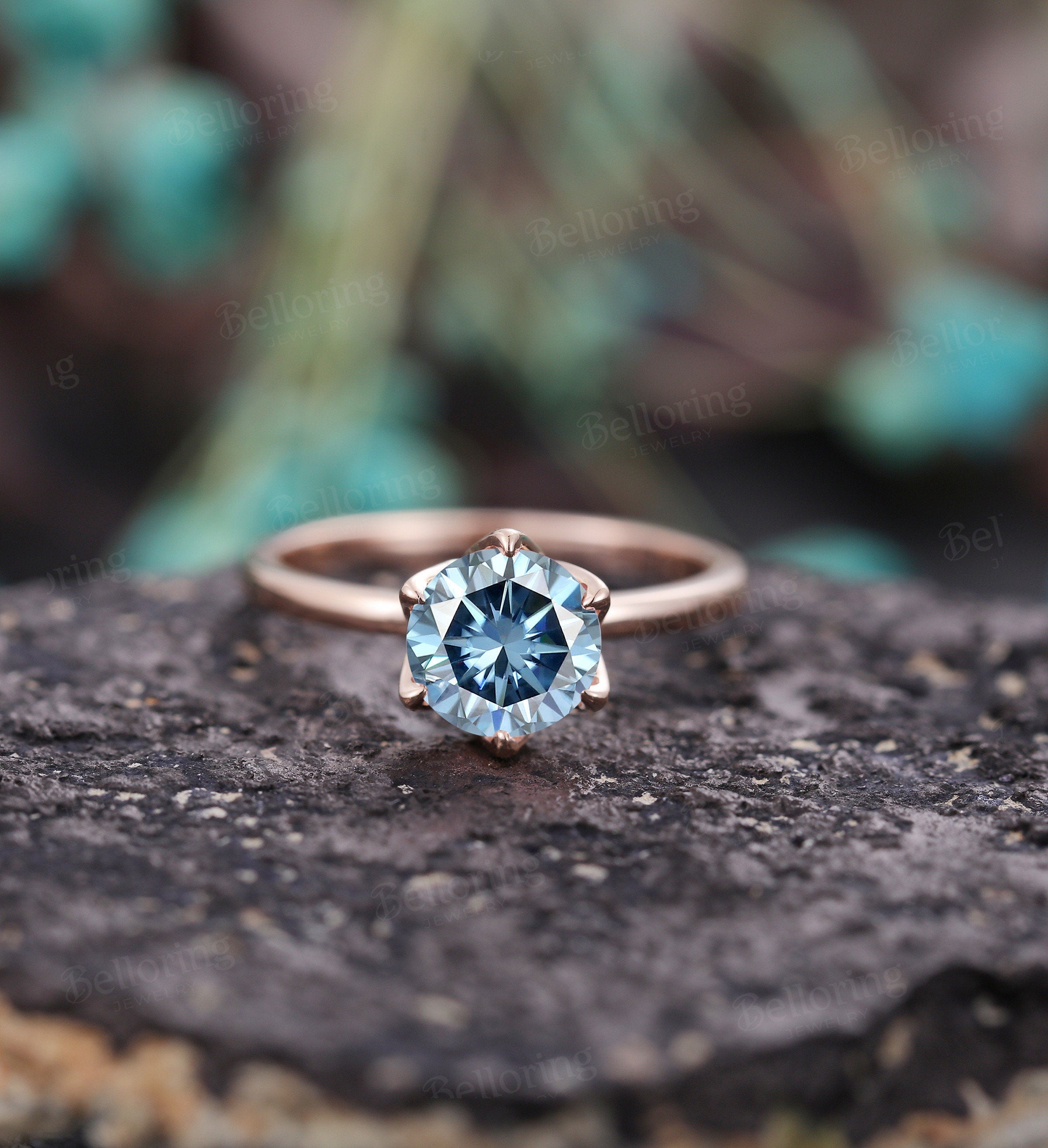 Grey Blue Moissanite engagement ring vintage prong set unique rose gold diamond art deco promise ring solitaire ring anniversary wedding