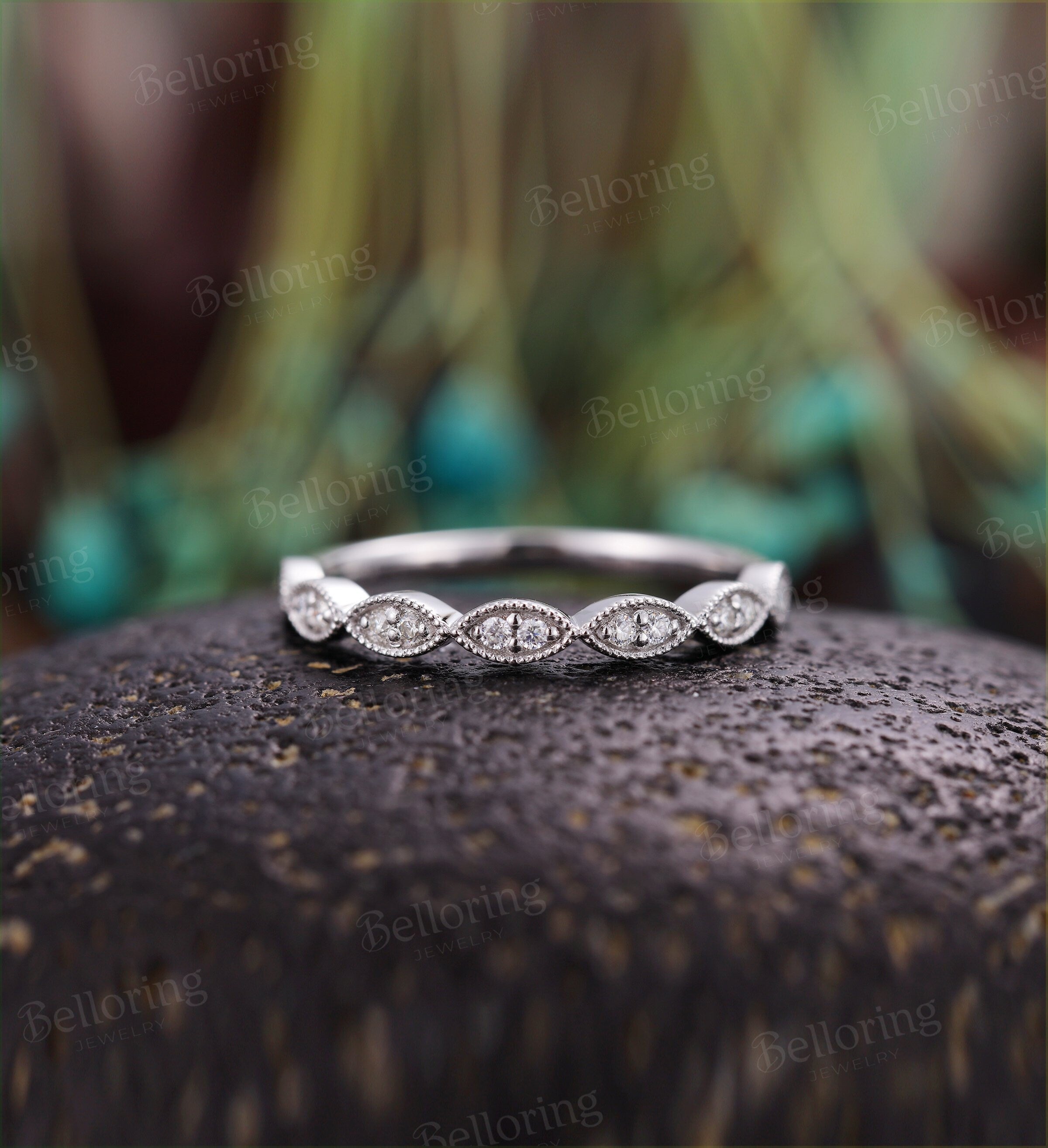 Moissanite wedding band vintage 14k white gold  milgrain antique unique Promise Matching band promise anniversary wedding ring