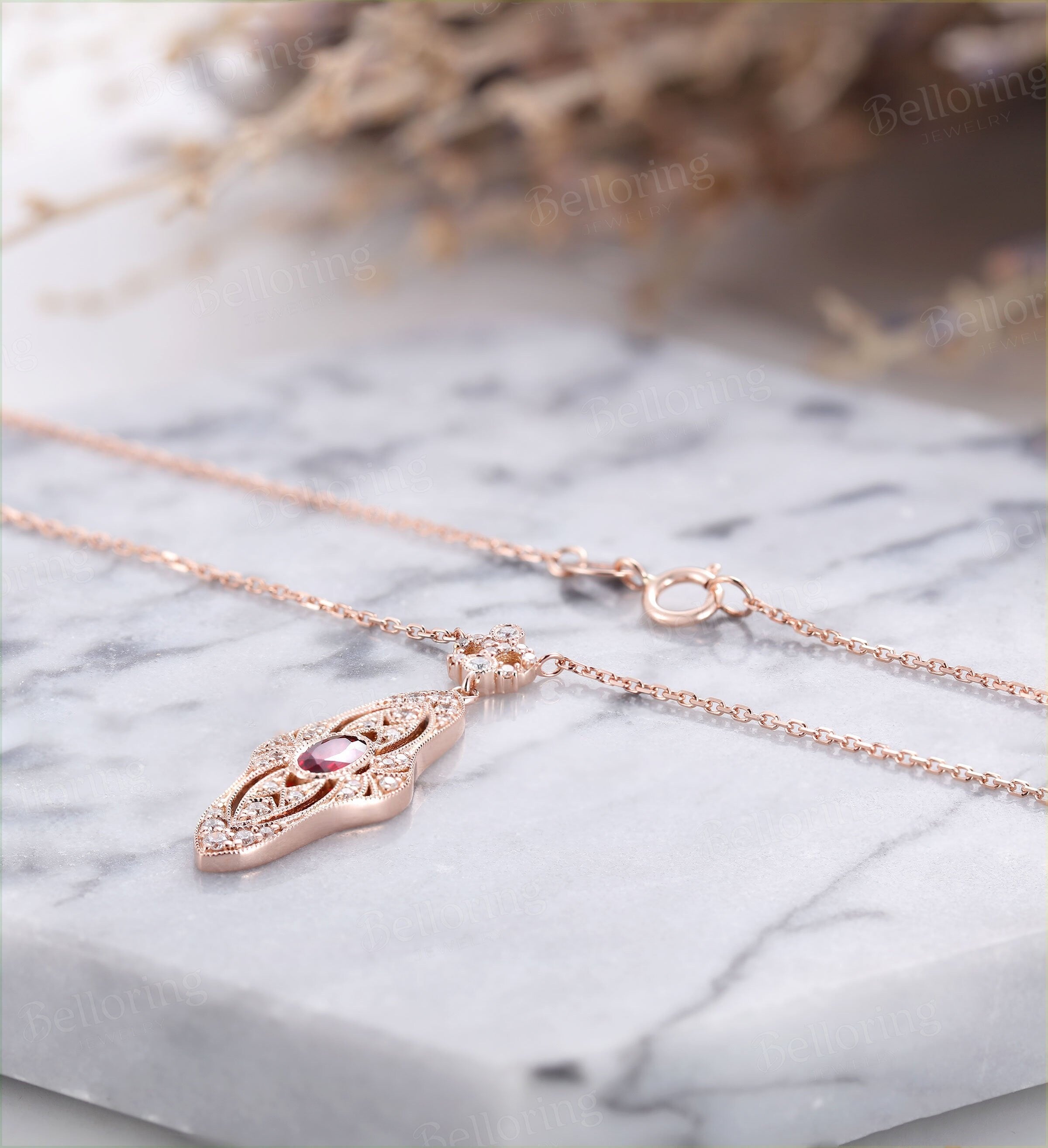 oval shaped Ruby wedding necklace bridal  Baguette diamond  vintage Cameo Necklaces Solid 14K rose gold  Anniversary wedding ring