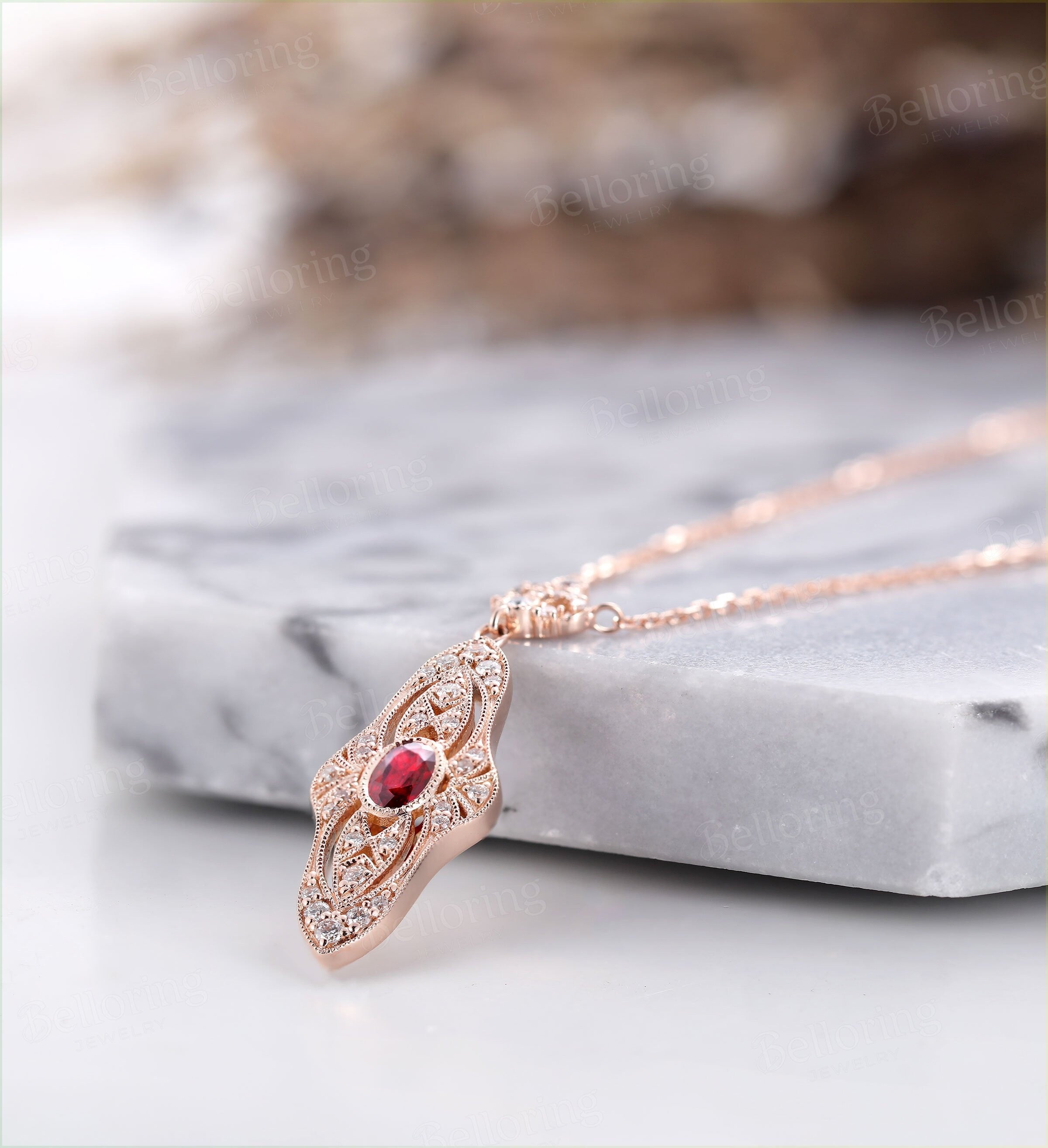 oval shaped Ruby wedding necklace bridal  Baguette diamond  vintage Cameo Necklaces Solid 14K rose gold  Anniversary wedding ring