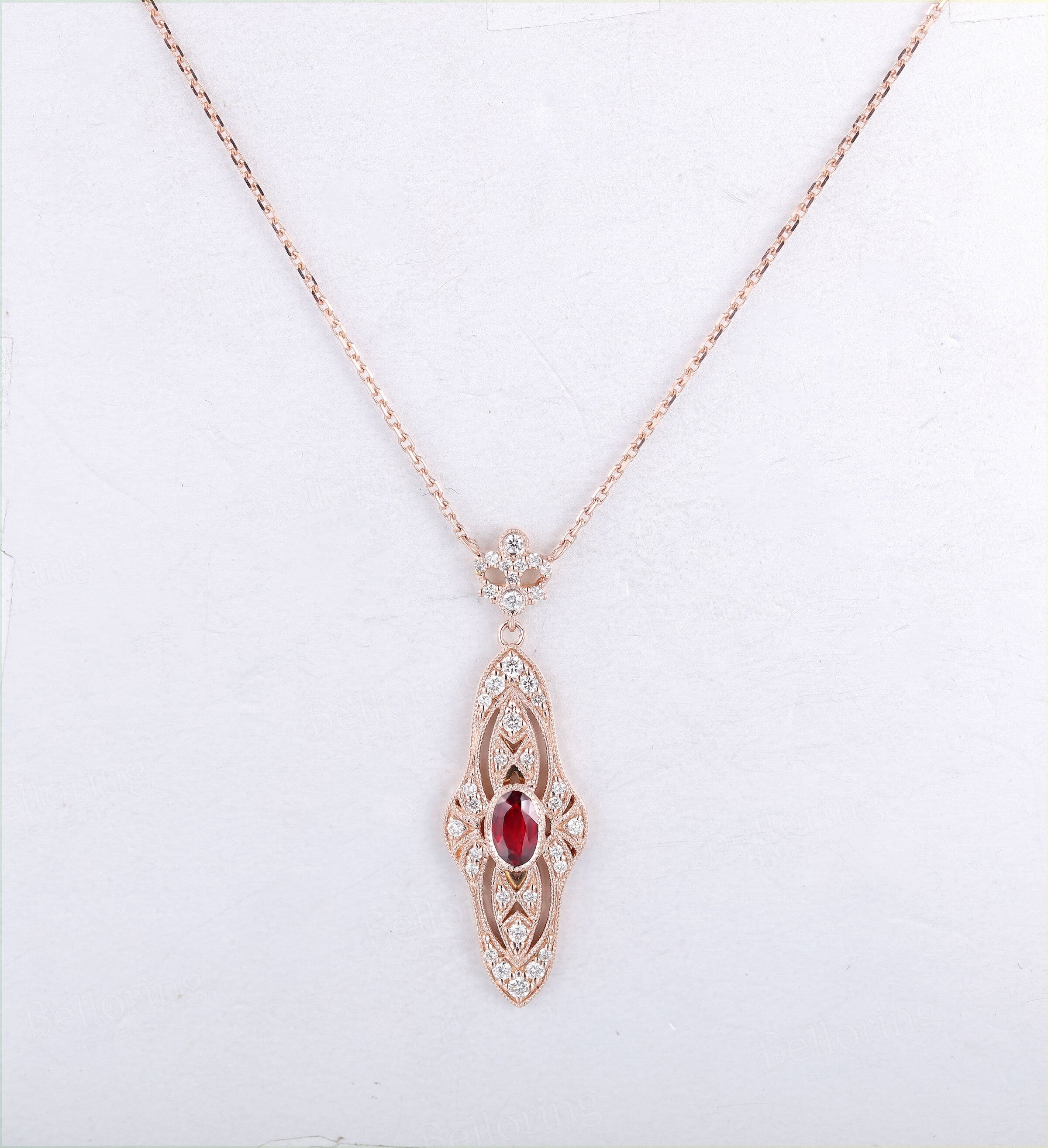 oval shaped Ruby wedding necklace bridal  Baguette diamond  vintage Cameo Necklaces Solid 14K rose gold  Anniversary wedding ring