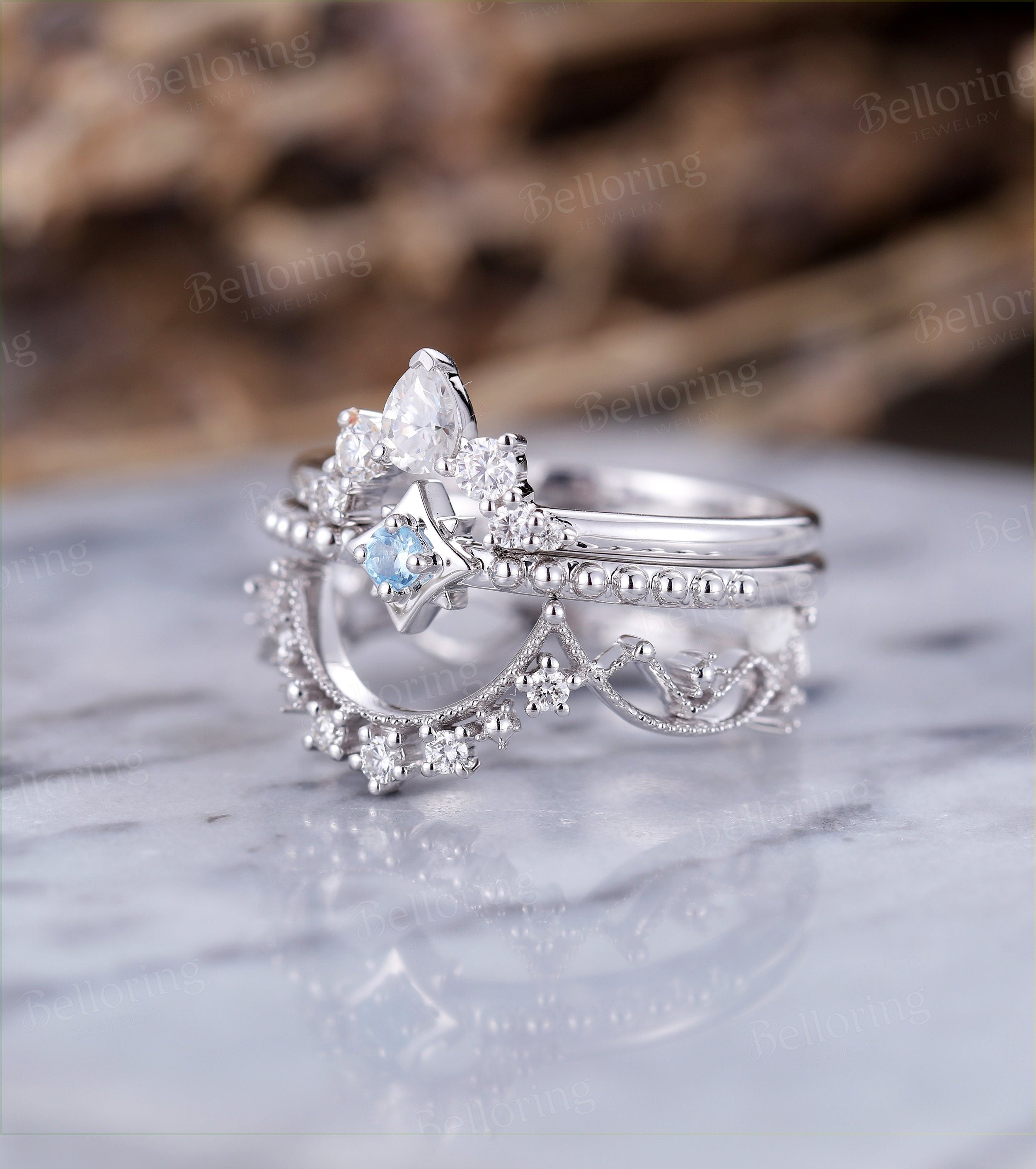 Blue Topaz engagement ring set  curved moissanite wedding band pear shaped white gold vintage unique Jewelry Anniversary wedding ring