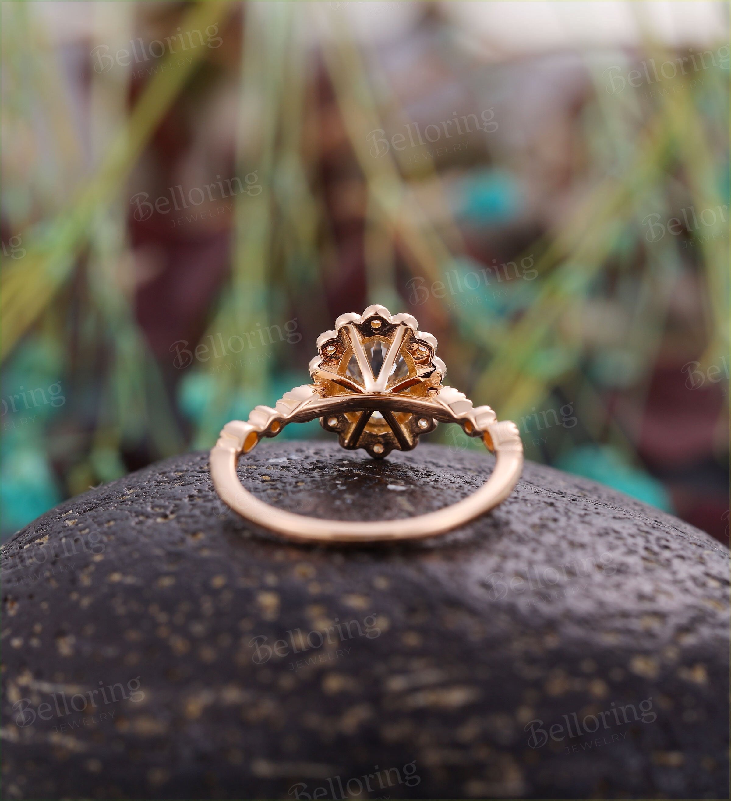 Moissanite engagement ring Rose gold oval cut vintage diamond halo unique Wedding  Jewelry birthstone Anniversary wedding ring