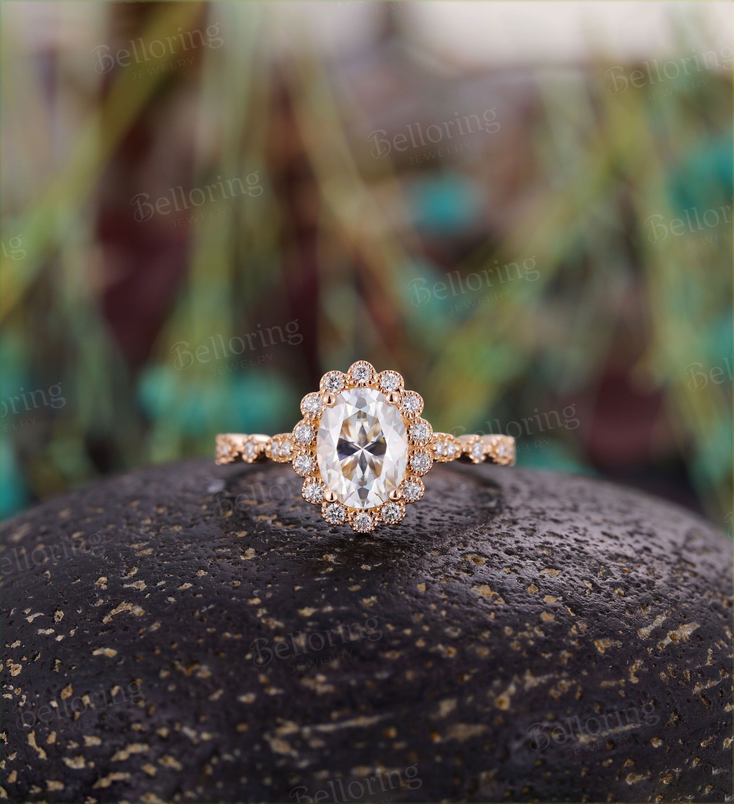 Moissanite engagement ring Rose gold oval cut vintage diamond halo unique Wedding  Jewelry birthstone Anniversary wedding ring