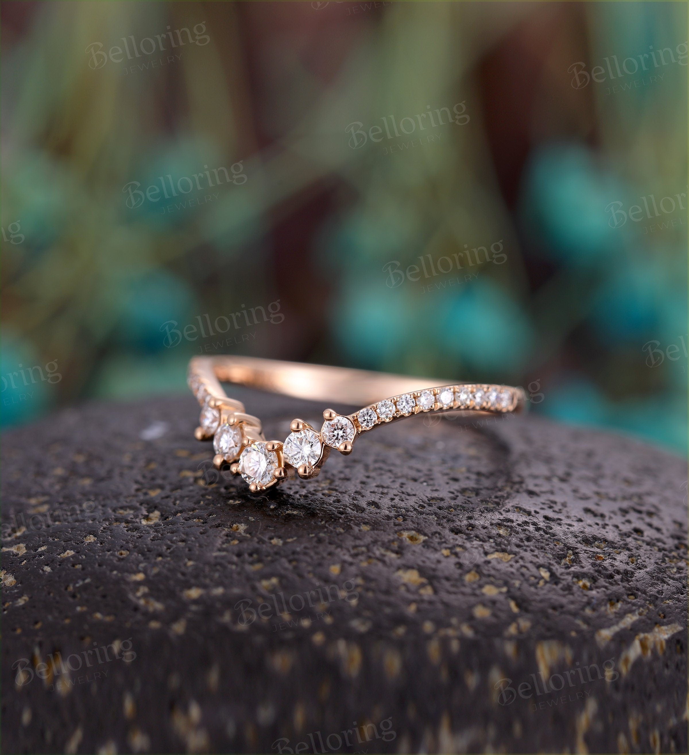 Moissanite/Diamond Curved wedding band woman Solid 14K rose gold band Vintage Chevron ring unique Antique stacking Promise Anniversary ring