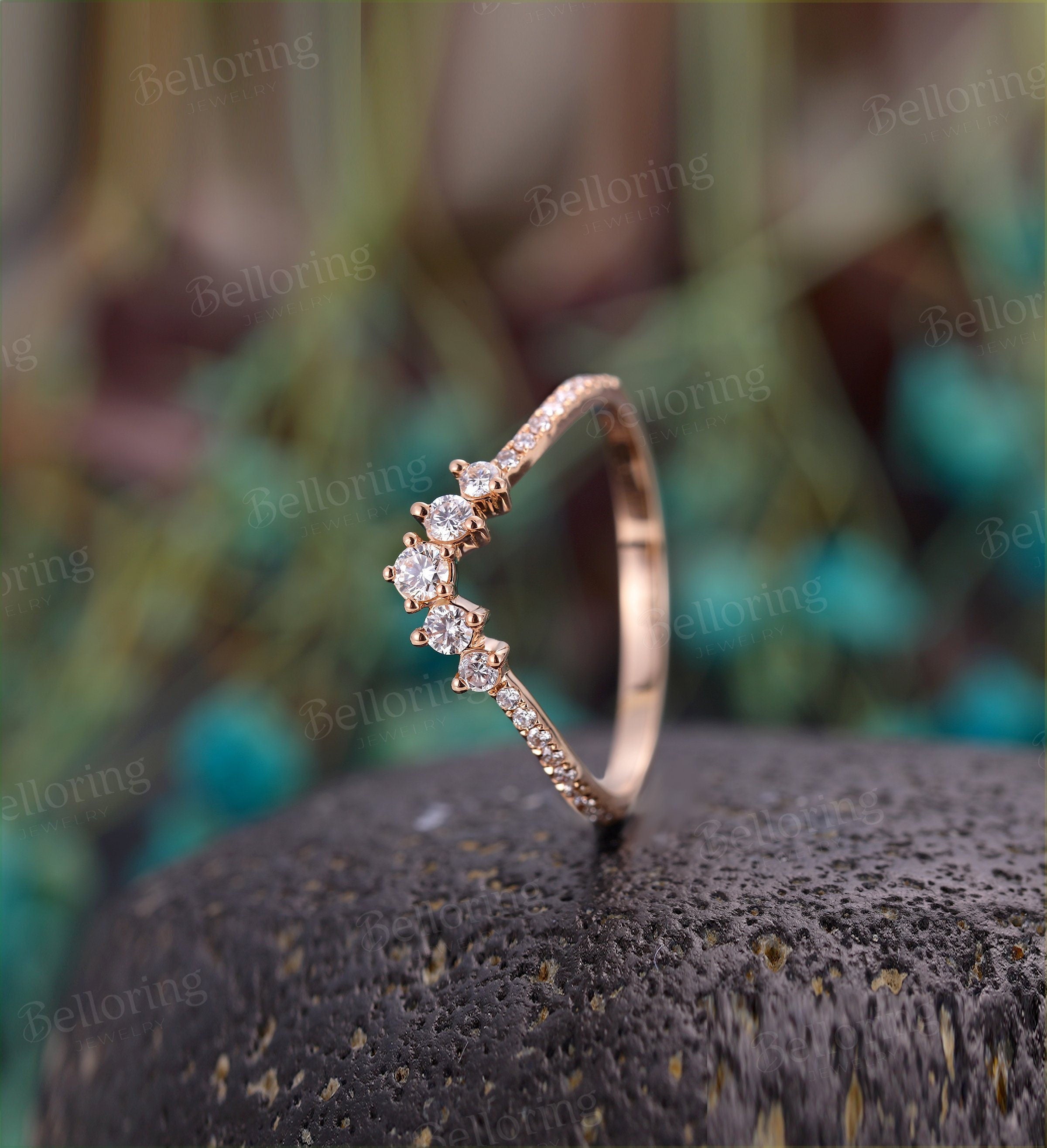 Moissanite/Diamond Curved wedding band woman Solid 14K rose gold band Vintage Chevron ring unique Antique stacking Promise Anniversary ring