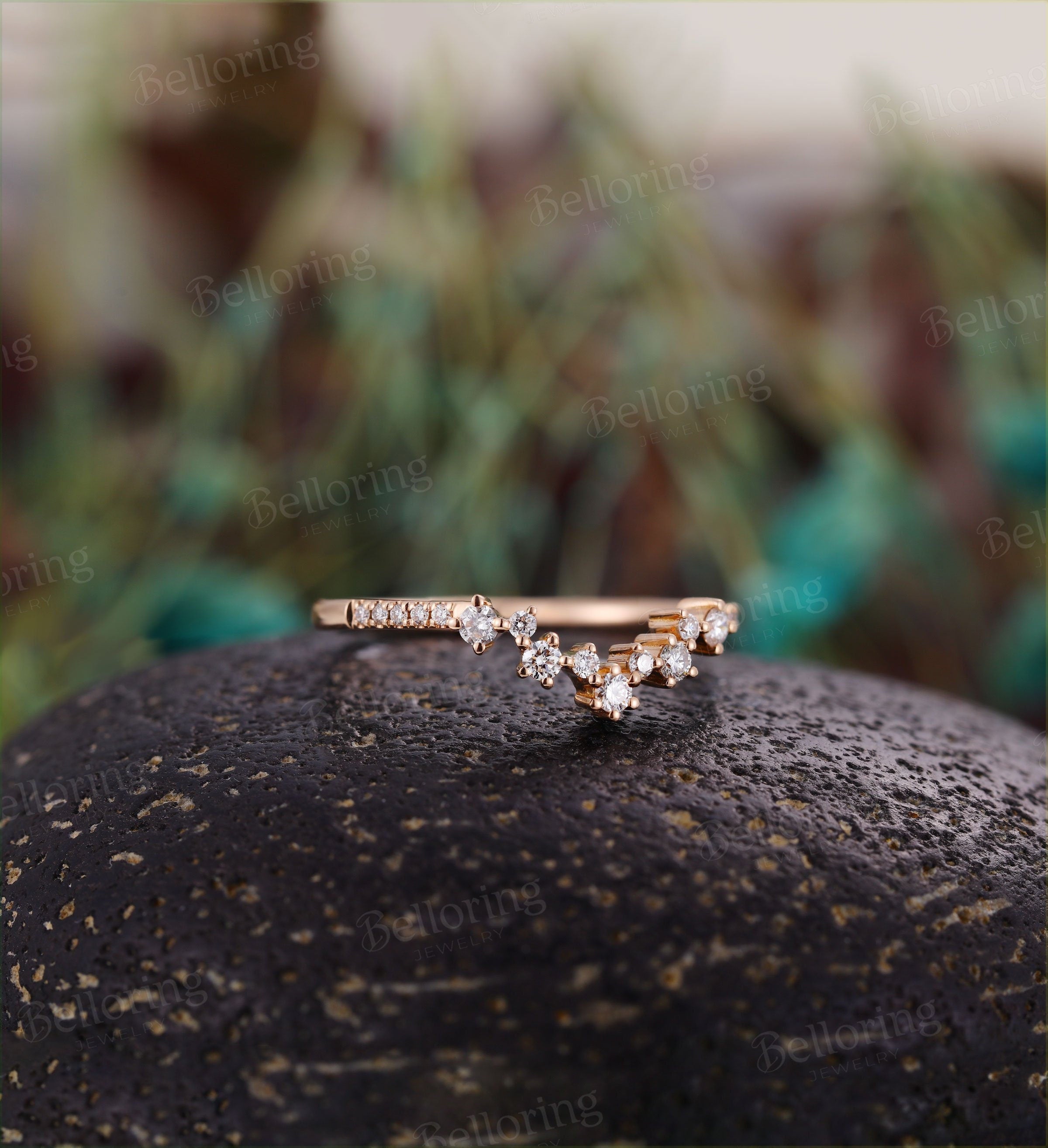 Moissanite/Diamond Curved wedding band Art deco Solid 14K rose gold wedding ring Vintage unique Antique Matching Promise Anniversary ring