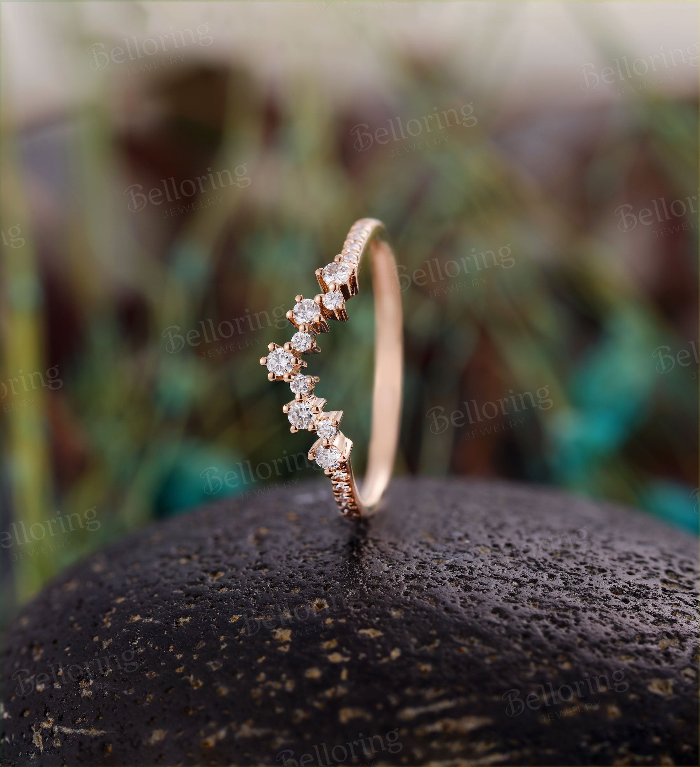 Moissanite/Diamond Curved wedding band Art deco Solid 14K rose gold wedding ring Vintage unique Antique Matching Promise Anniversary ring