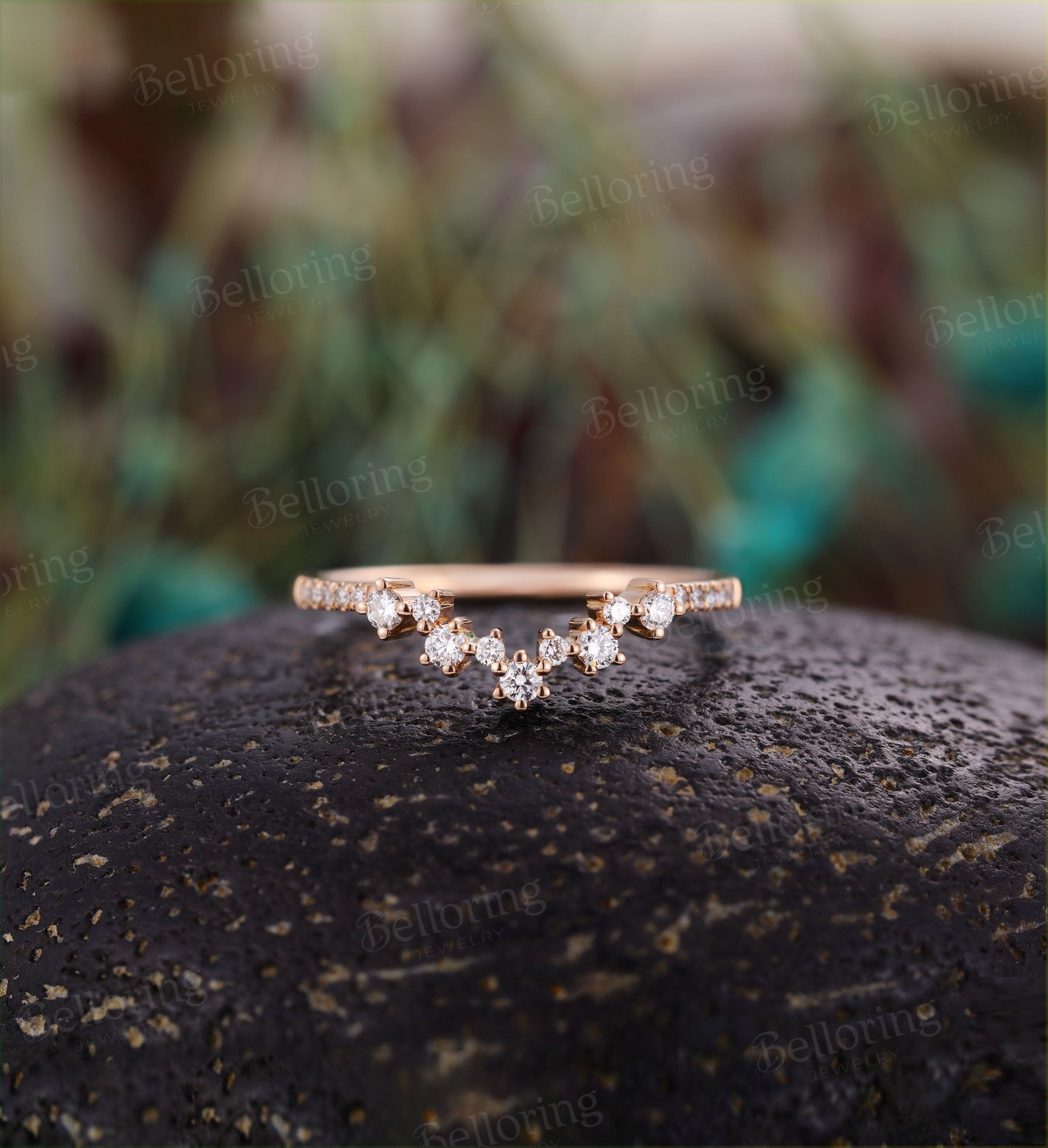 Moissanite/Diamond Curved wedding band Art deco Solid 14K rose gold wedding ring Vintage unique Antique Matching Promise Anniversary ring