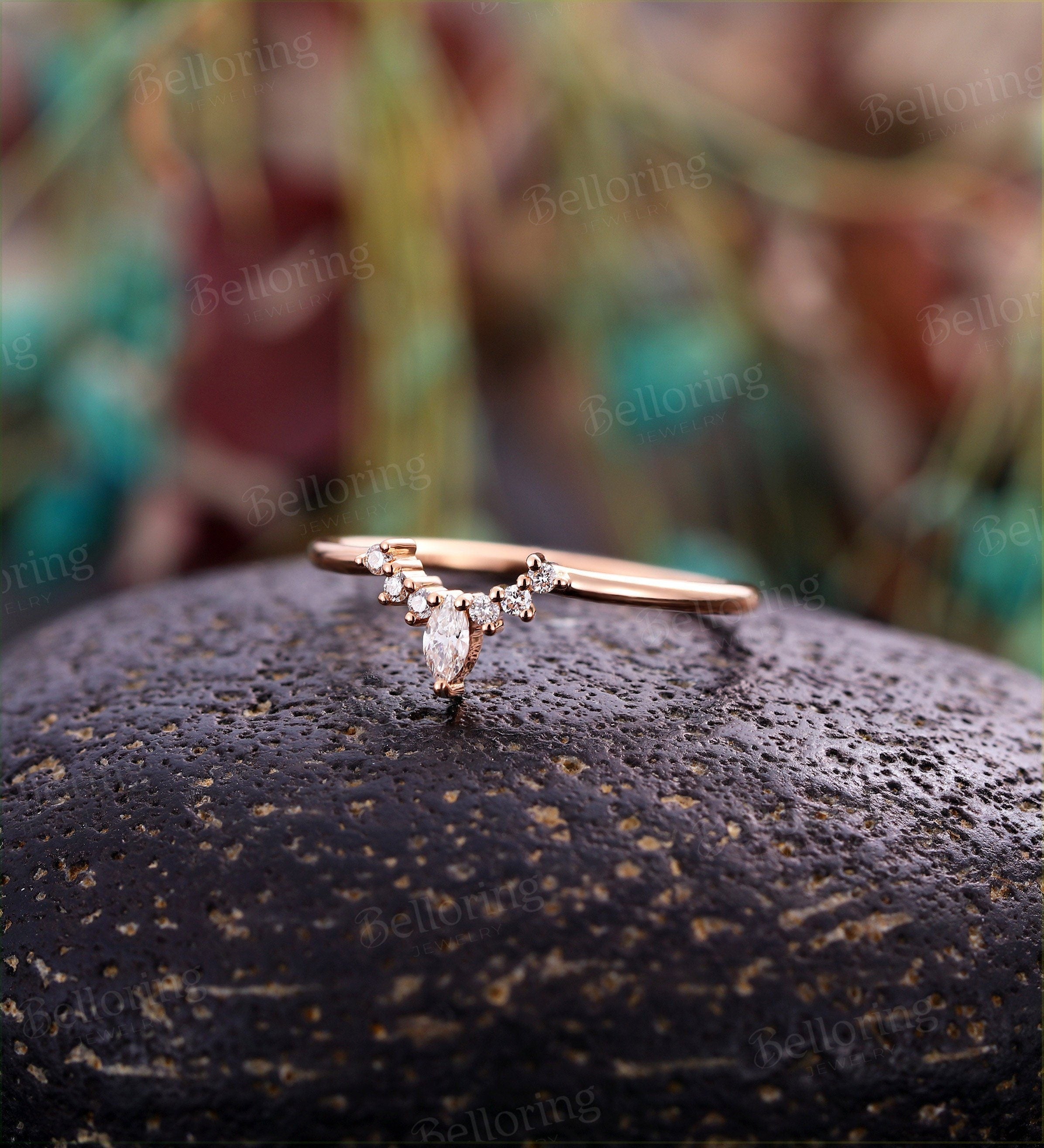 Moissanite Curved wedding band Solid 14K rose gold wedding ring Vintage marquise unique dainty Antique stacking Promise Anniversary ring