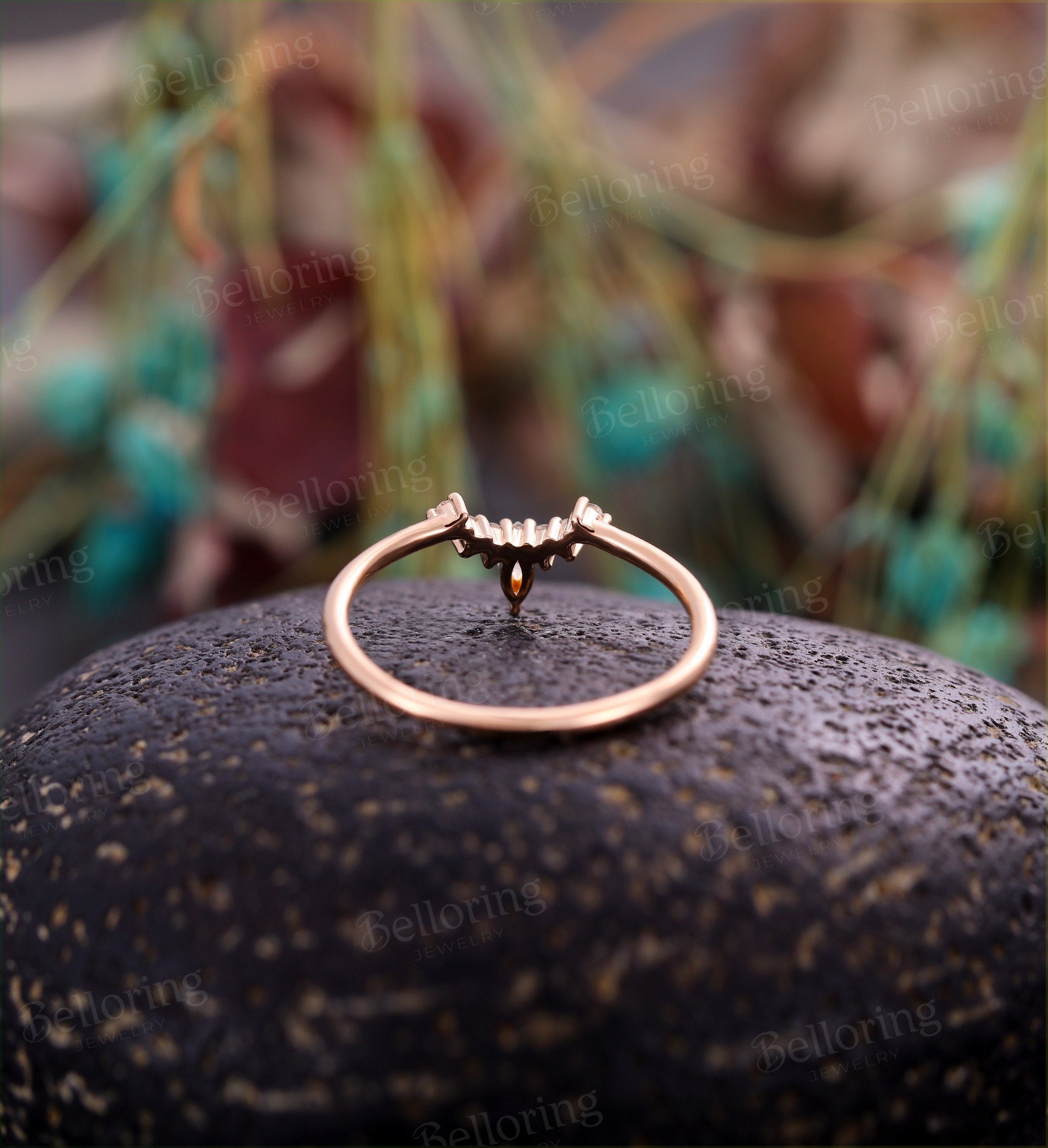 Moissanite Curved wedding band Solid 14K rose gold wedding ring Vintage marquise unique dainty Antique stacking Promise Anniversary ring