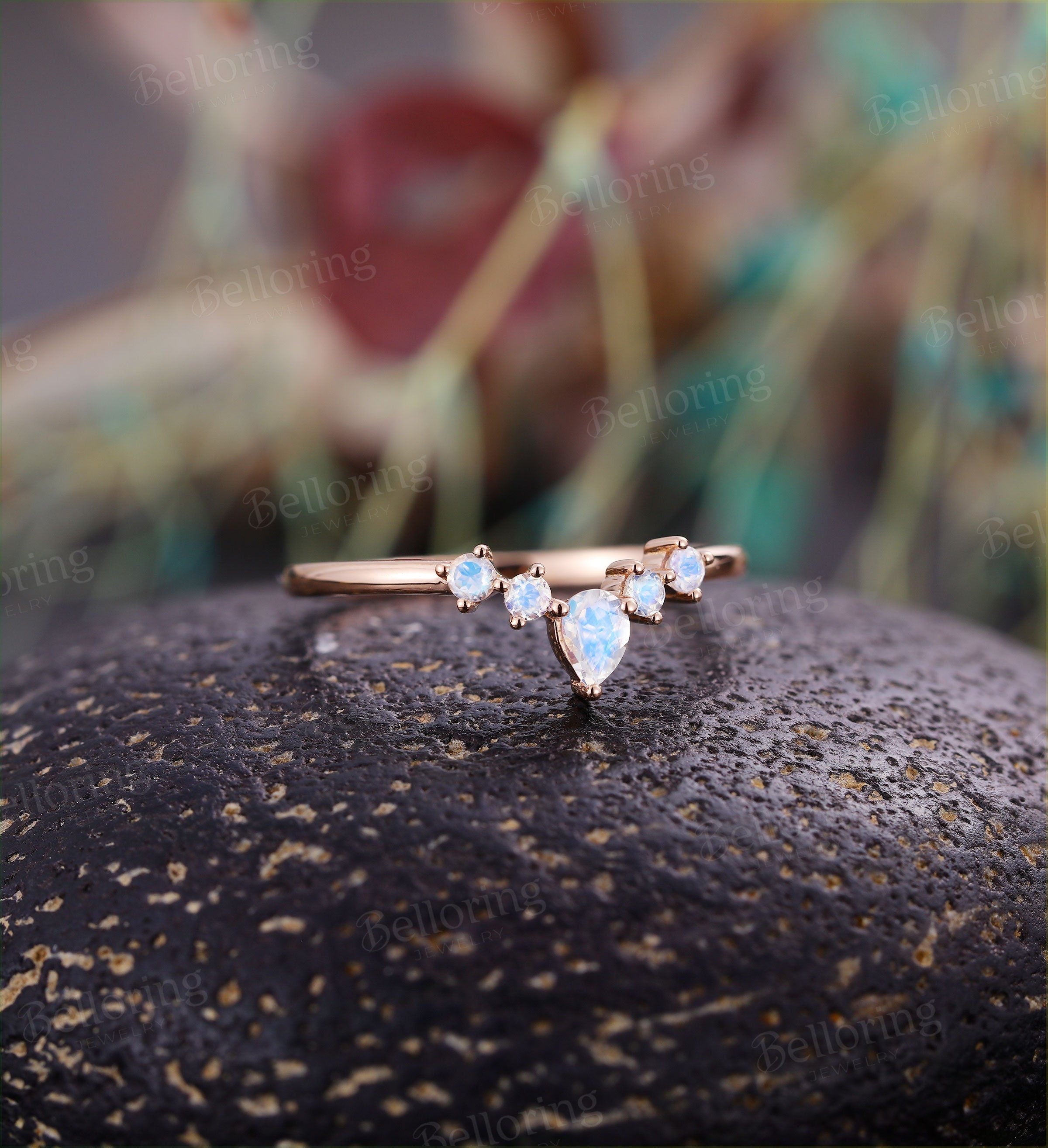 Moonstone curved wedding band  vintage pear shaped dainty unique Wedding Ring Jewelry art deco birthstone Anniversary wedding ring