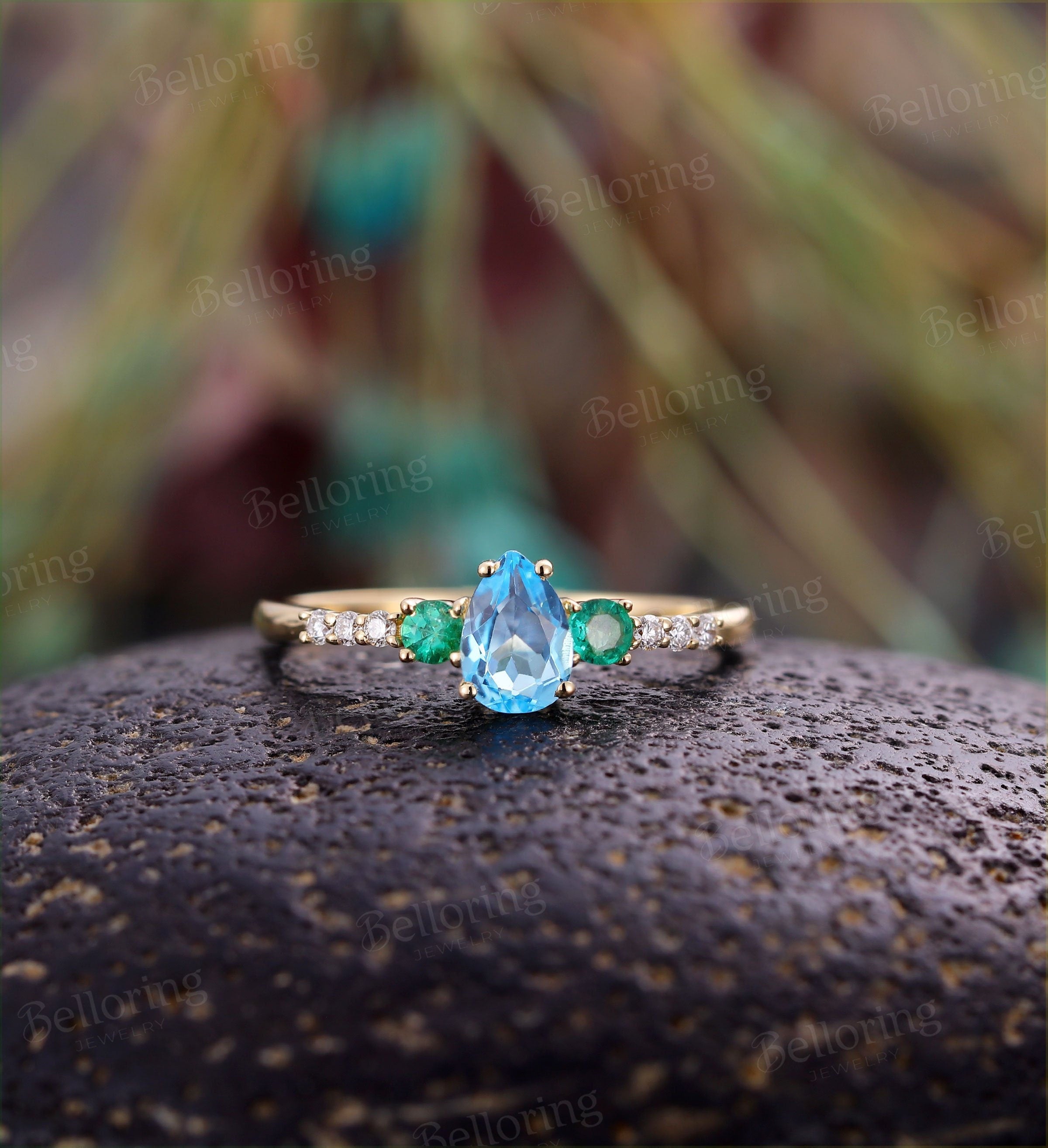 Aquamarine engagement ring Vintage Diamond yellow gold Unique  Art deco emerald Jewelry birthstone promise Anniversary wedding ring