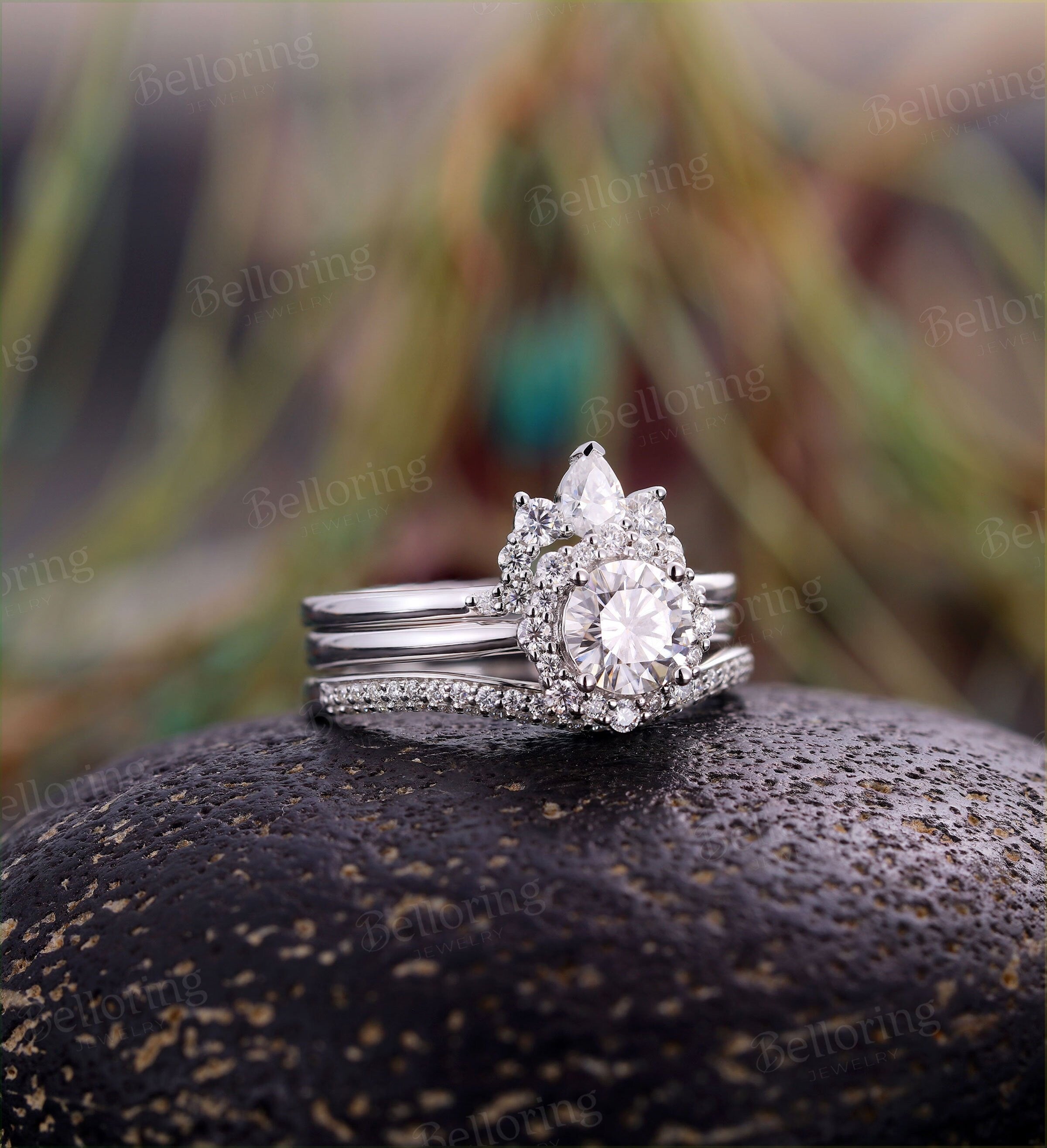 Art deco Moissanite engagement ring set Vintage Jewelry white gold Unique halo crown wedding Bridal set promise Anniversary wedding ring