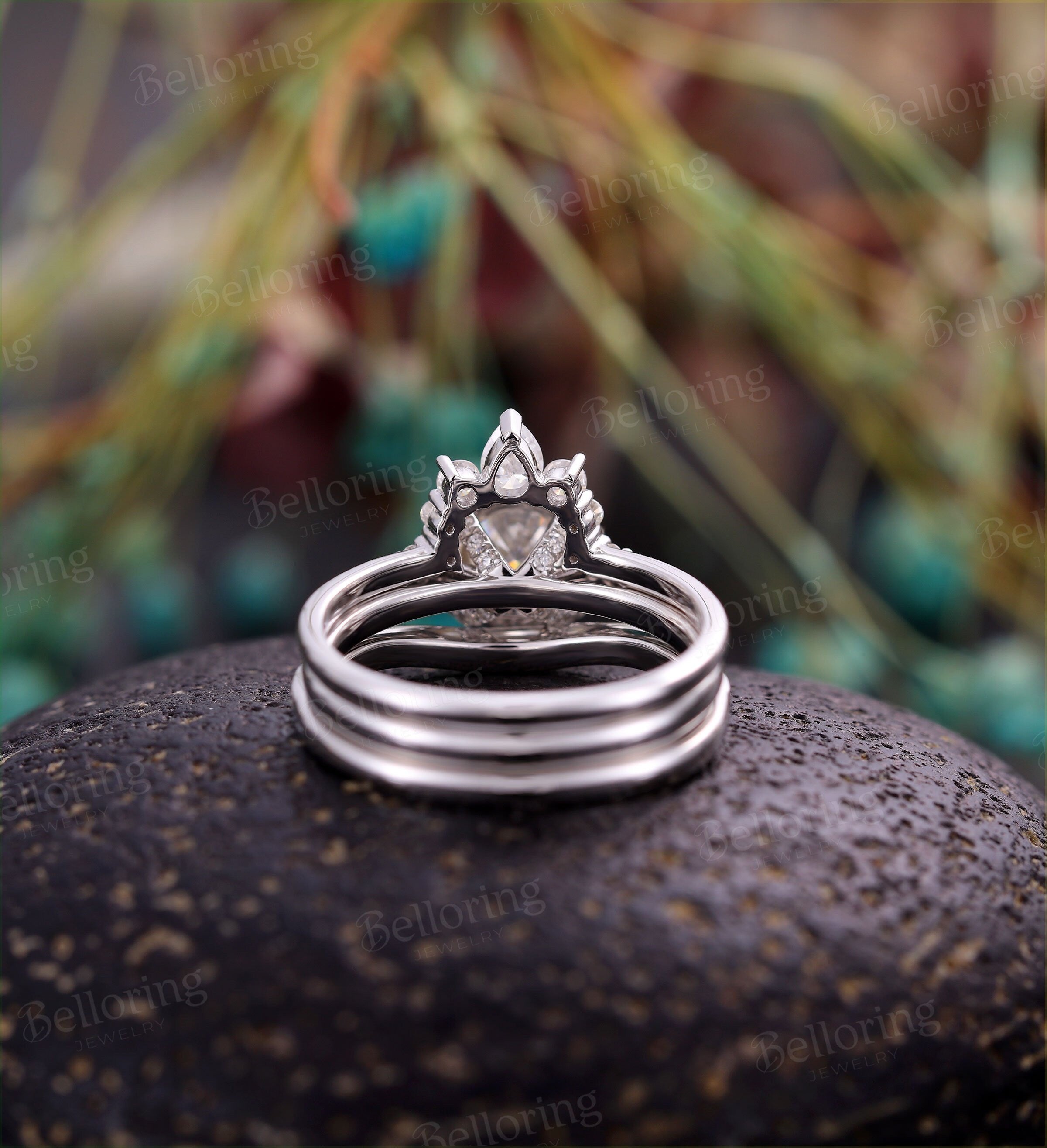 Art deco Moissanite engagement ring set Vintage Jewelry white gold Unique halo crown wedding Bridal set promise Anniversary wedding ring