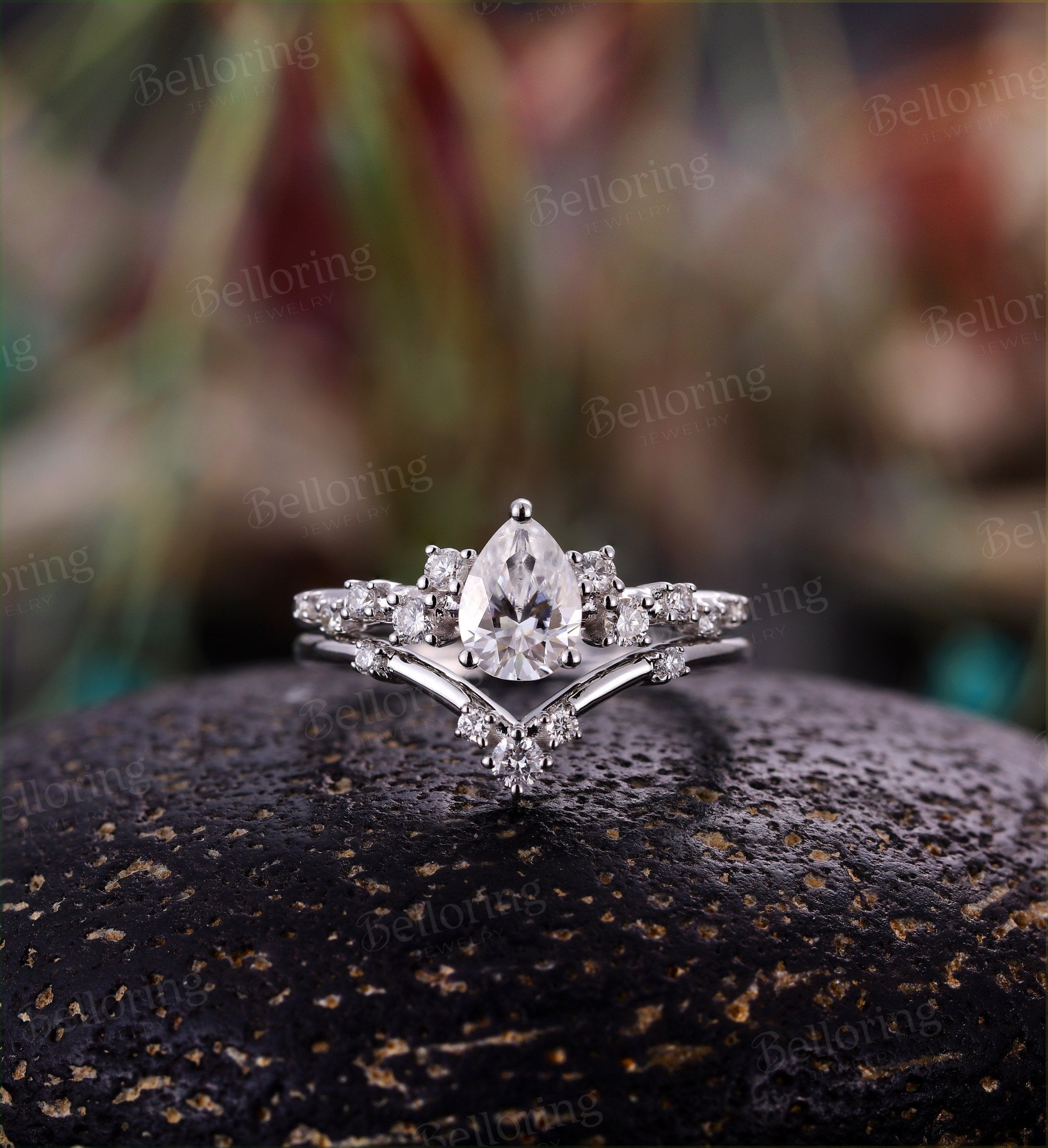 Moissanite engagement ring set pear cut vintage unique prong set Wedding ring set  antique Jewelry promise Anniversary wedding ring