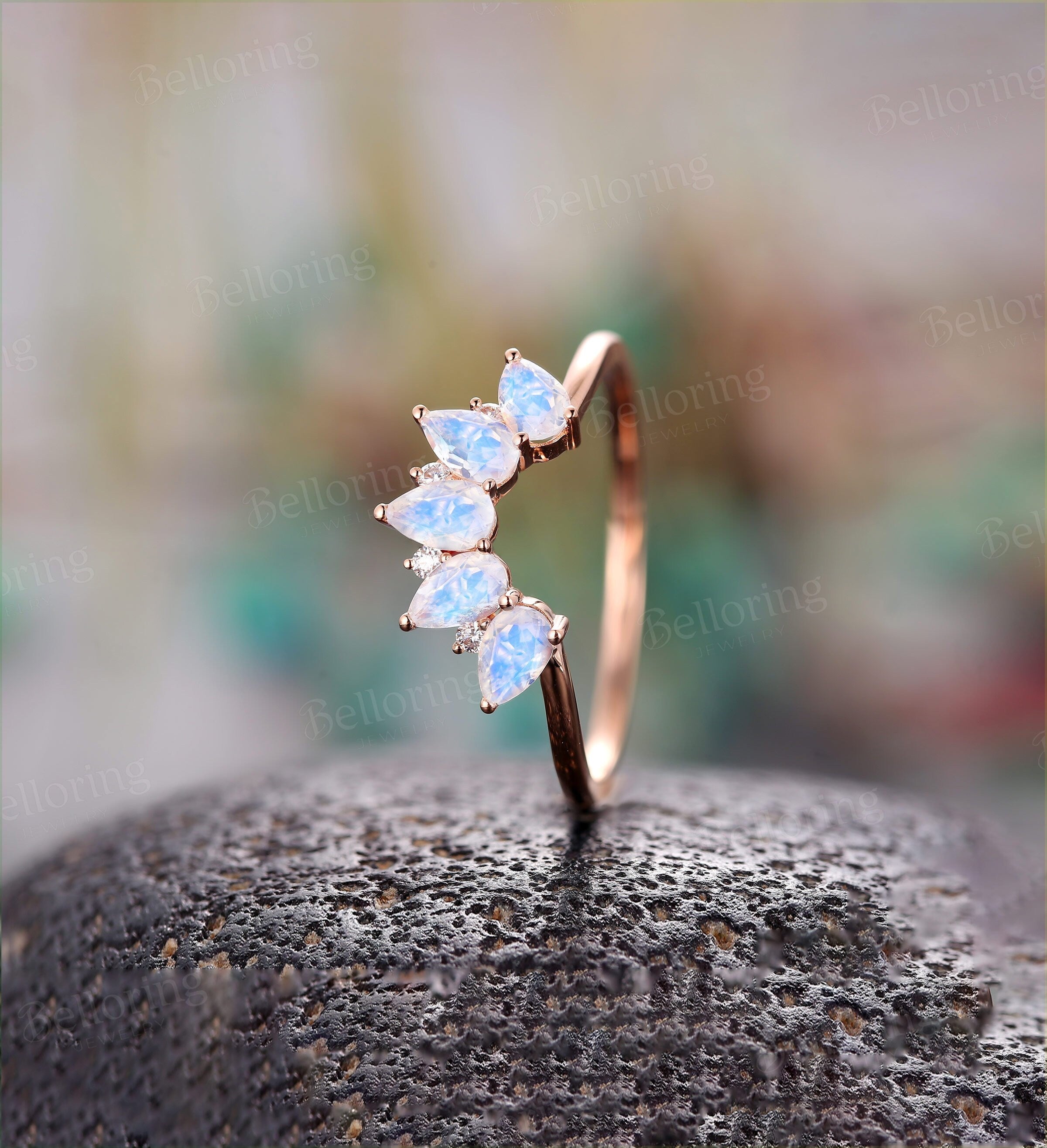 Moonstone curved wedding band  vintage pear shaped moissanite unique Wedding Ring Jewelry art deco birthstone Anniversary wedding ring