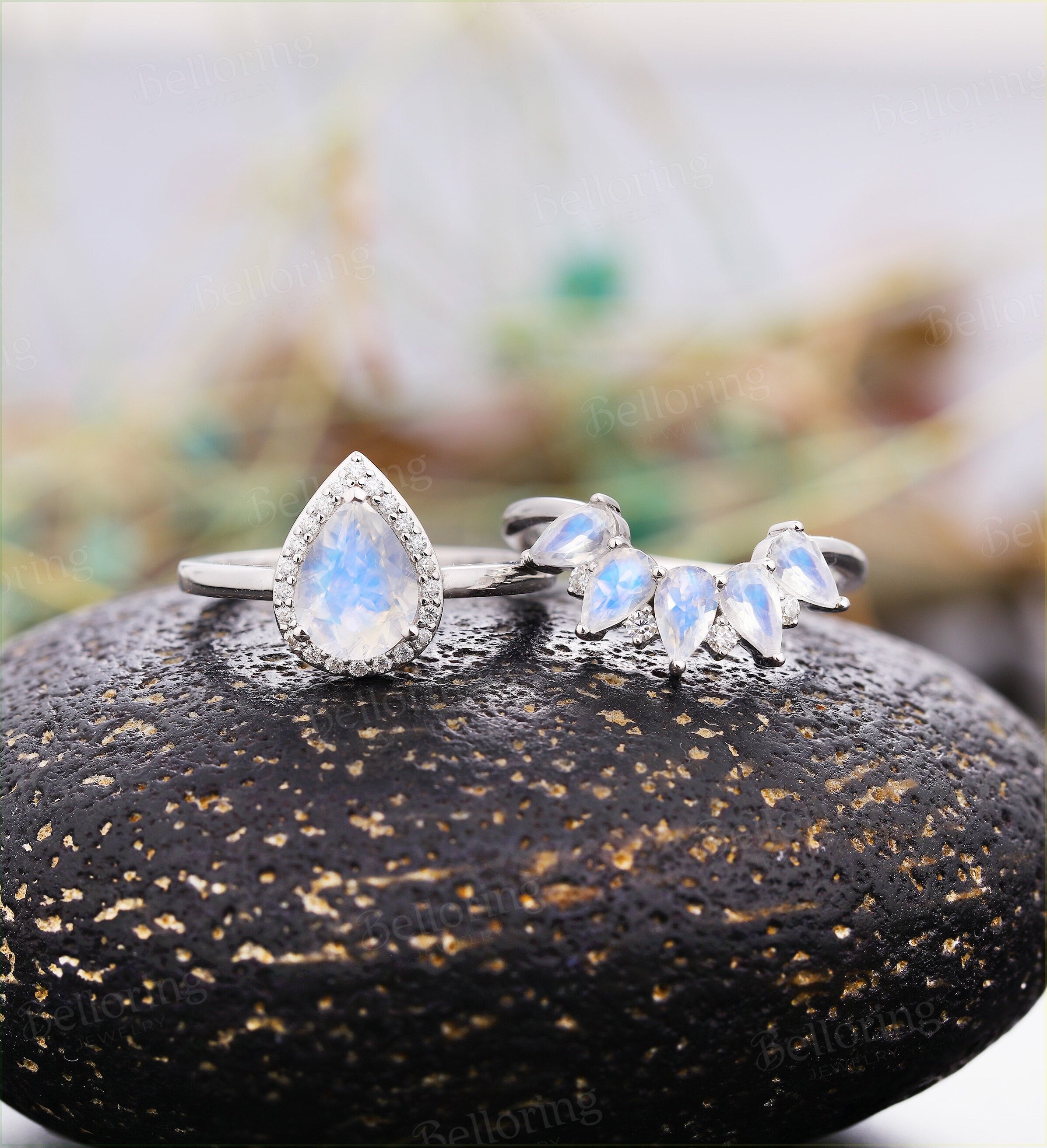 Moonstone engagement ring  vintage pear shaped moissanite unique Wedding Ring set Jewelry art deco birthstone Anniversary wedding ring