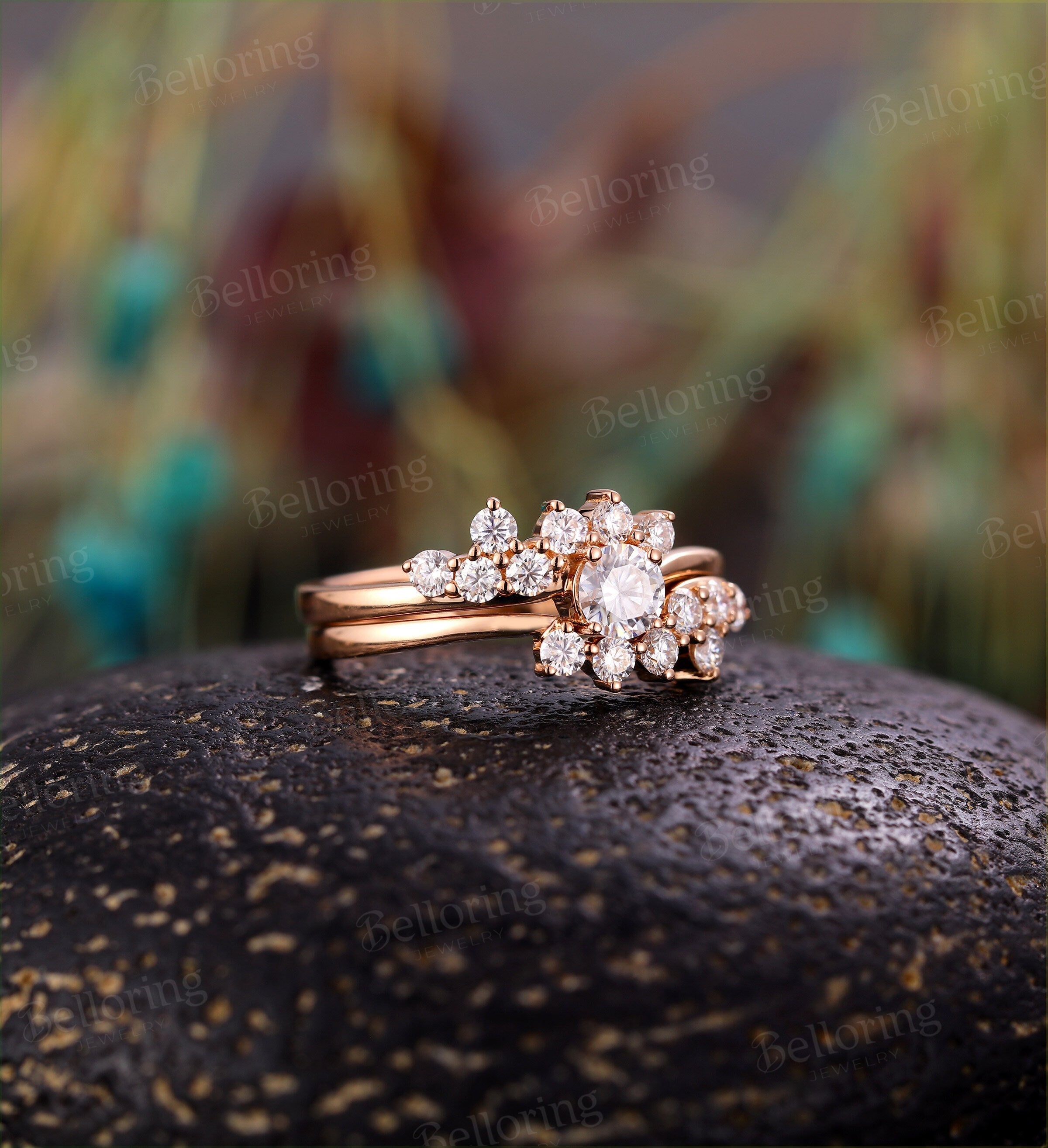 Moissanite engagement ring set Vintage  cluster Art deco rose gold flower ring Unique wedding Jewelry promise Anniversary wedding ring