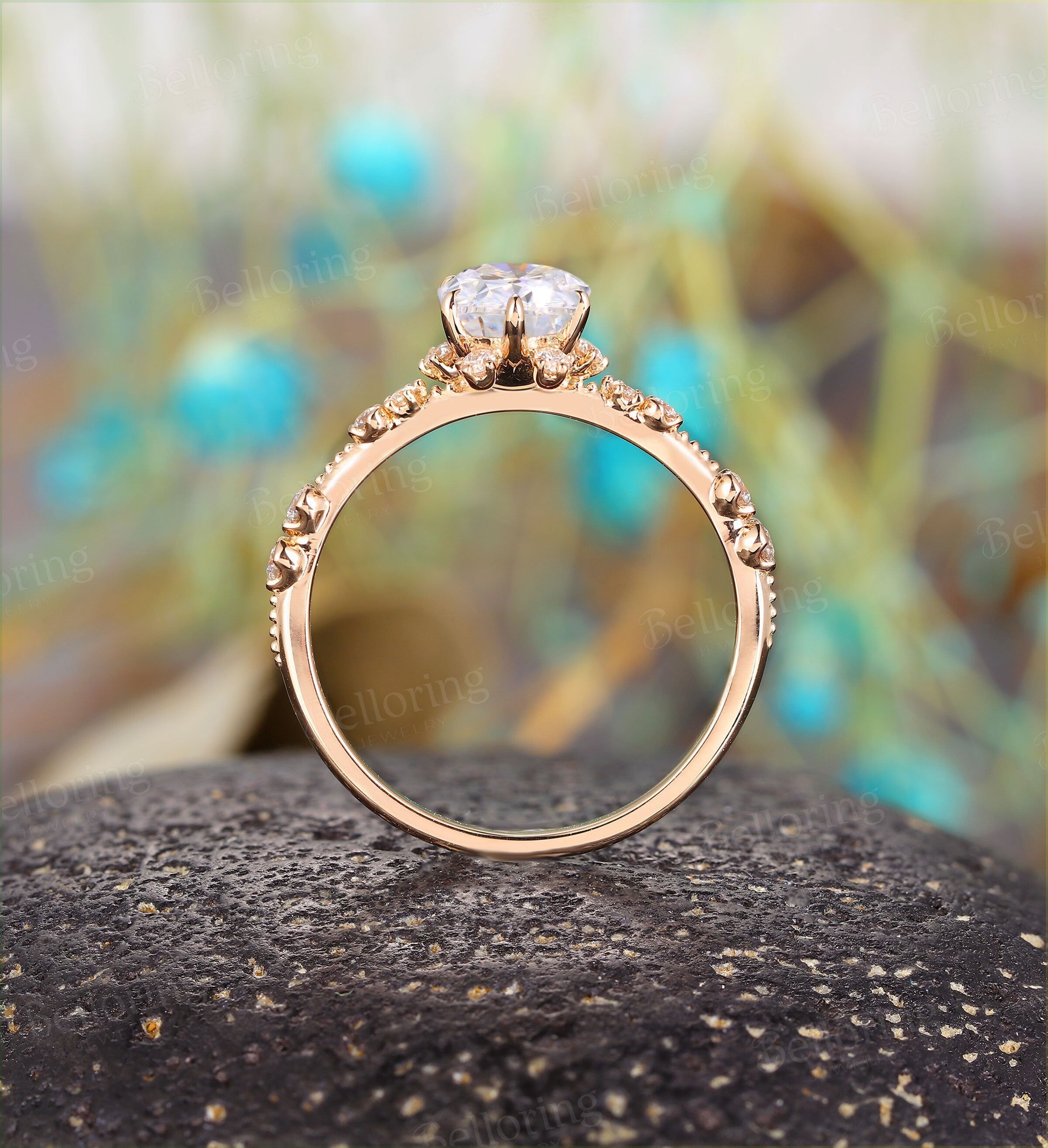 Art deco oval cut moissanite engagement ring Vintage antique rose gold Unique wedding  milgrain promise ring Anniversary ring