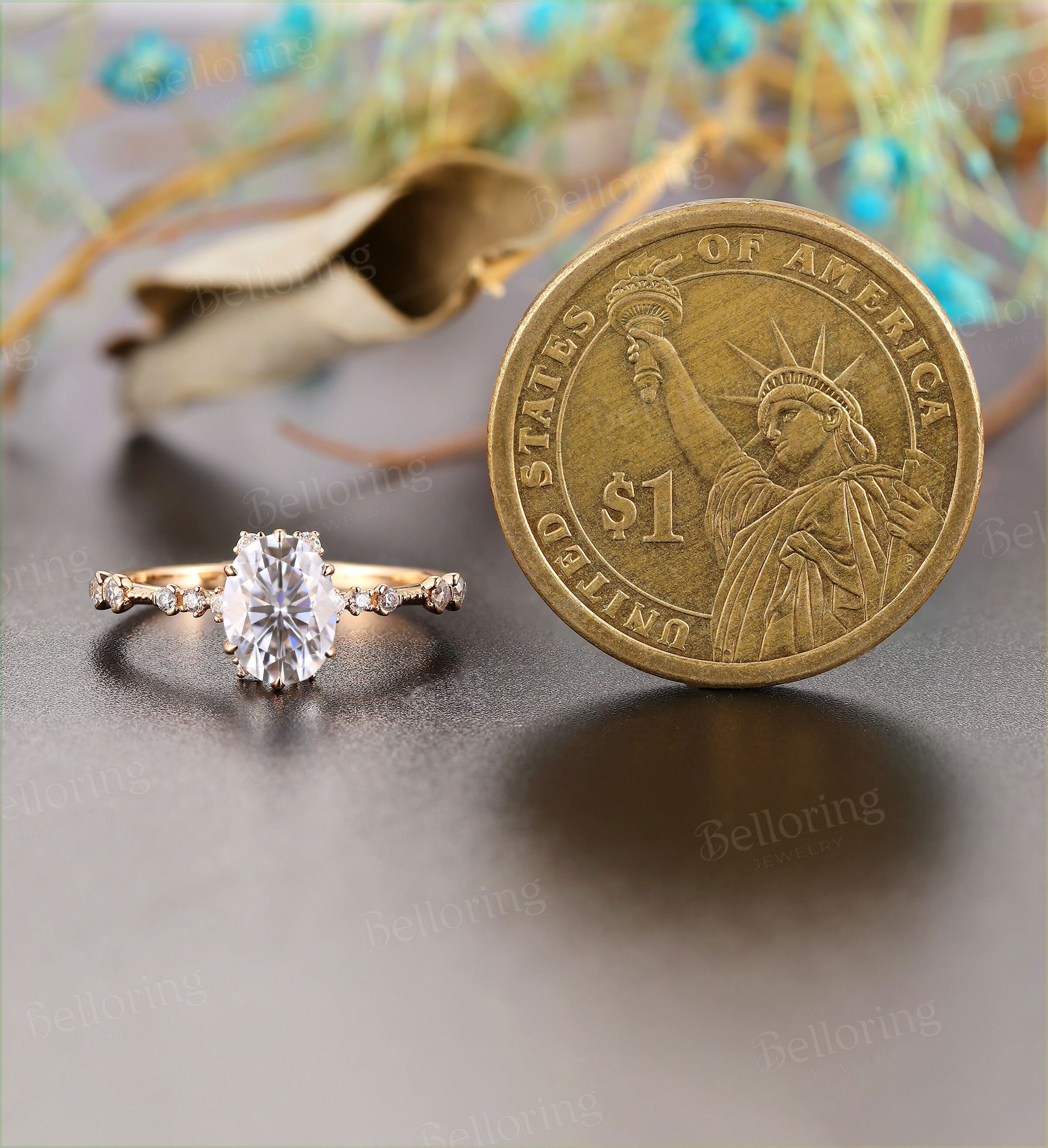 Art deco oval cut moissanite engagement ring Vintage antique rose gold Unique wedding  milgrain promise ring Anniversary ring