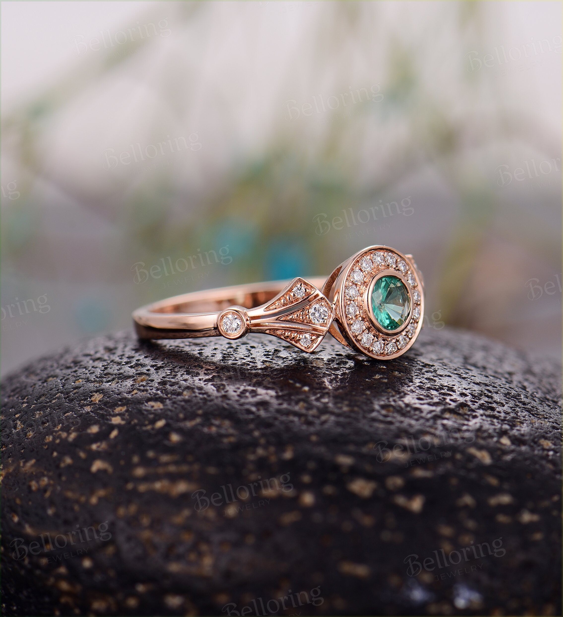 Emerald  Engagement Ring rose Gold vintage round cut Art Deco Antique halo diamond wedding ring    Promise Anniversary wedding ring