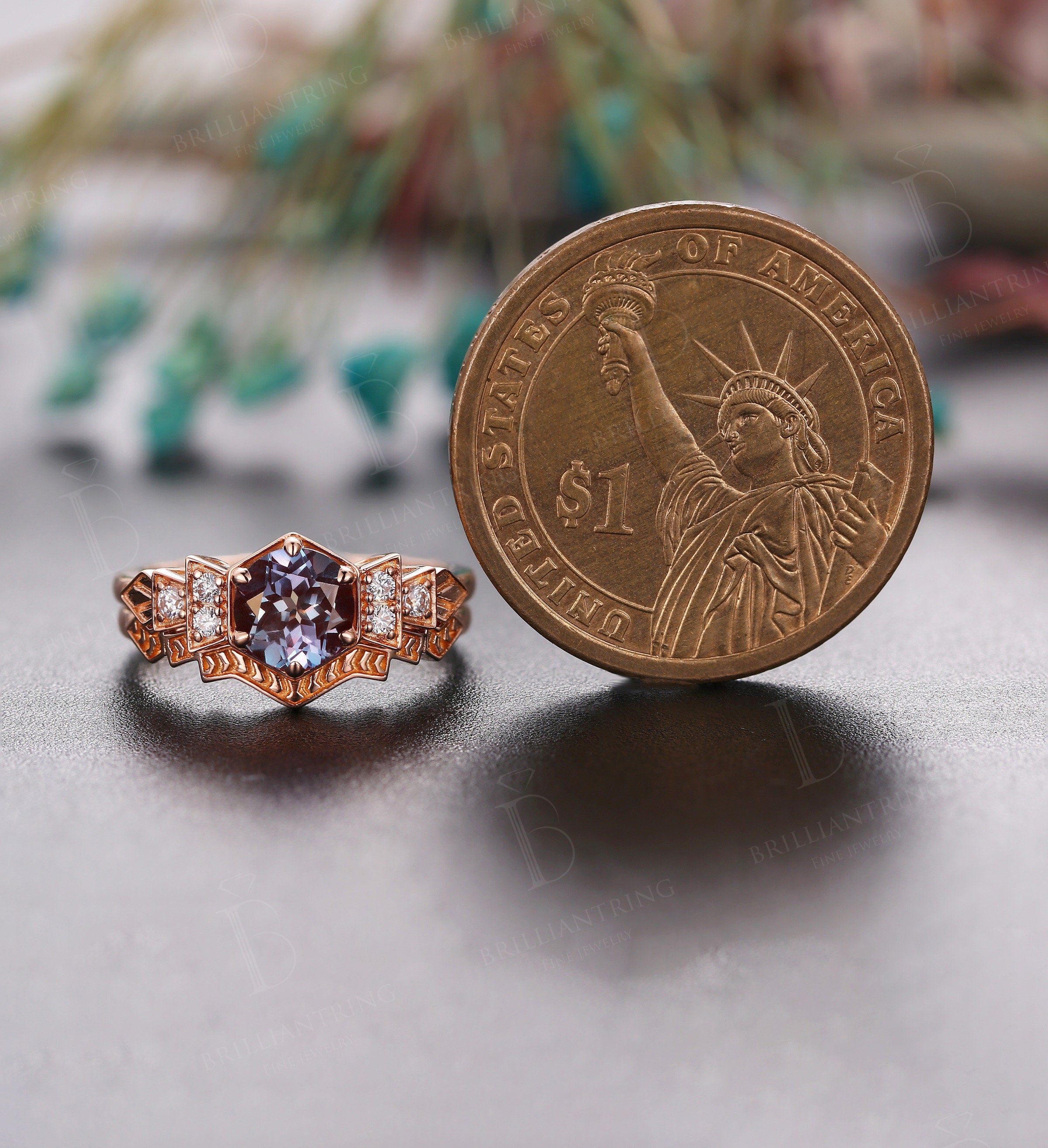 Alexandrite engagement ring rose gold vintage engagement ring set Art deco Moissanite   Bridal set Anniversary Promise wedding ring