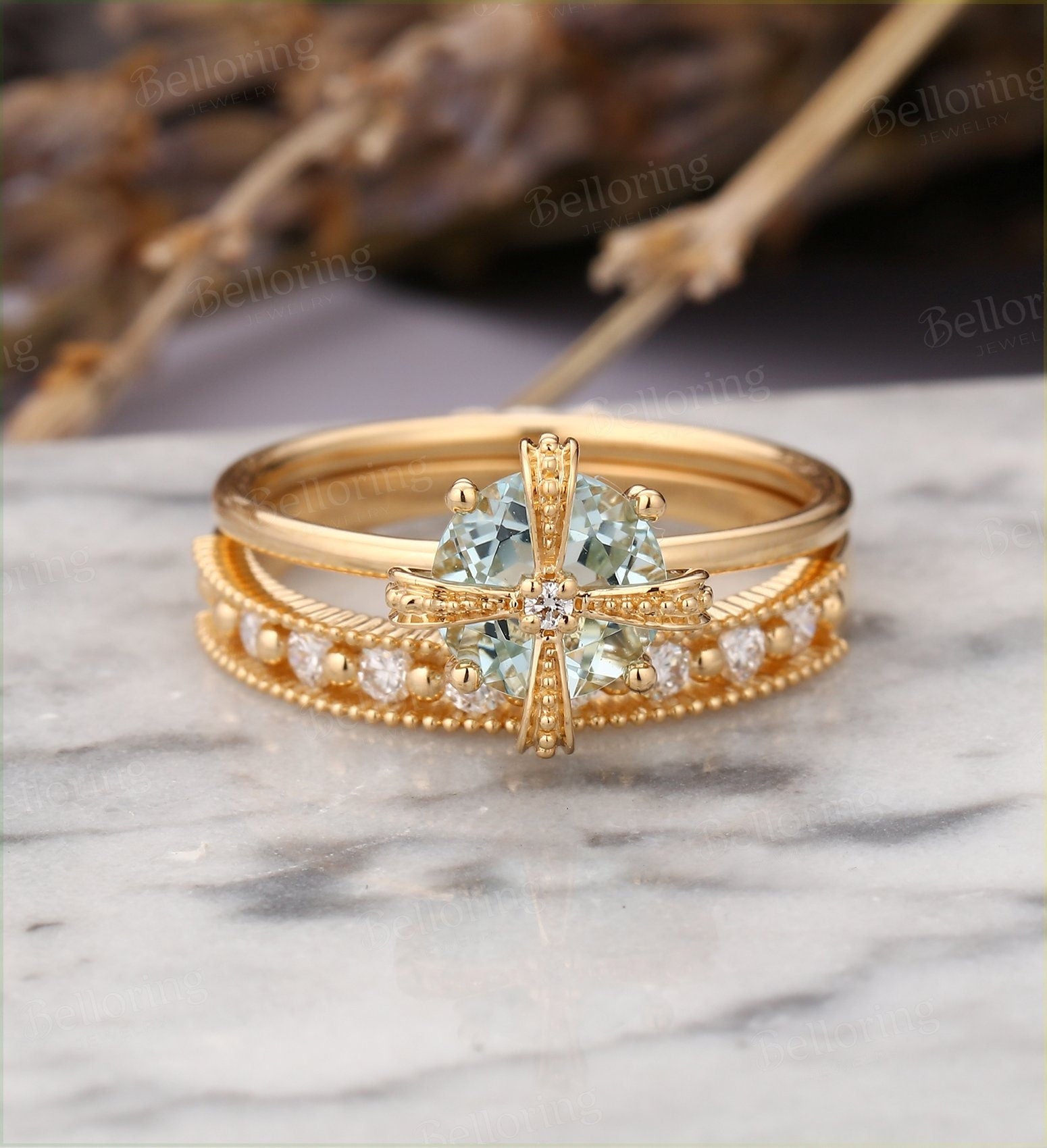 Aquamarine engagement ring rose gold art deco vintage diamond Half eternity Wedding band  antique Jewelry Anniversary bridal set