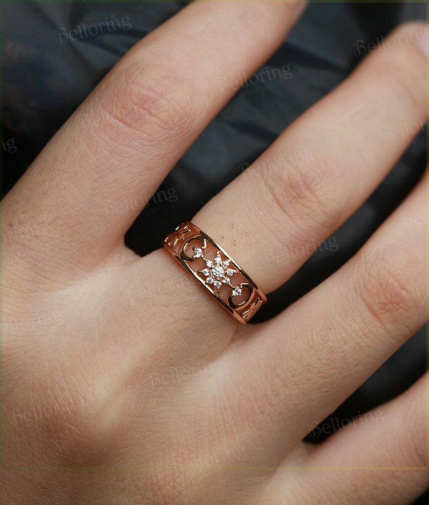 Diamond wedding band  14K rose Gold vintage round cut Art Deco unique diamond wedding ring   Promise Anniversary wedding ring