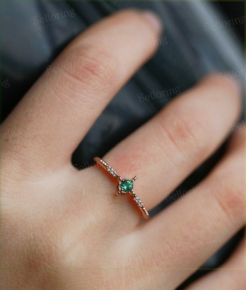 Emerald Engagement Ring rose Gold vintage round cut Art Deco Antique  diamond wedding ring   Promise Anniversary wedding ring