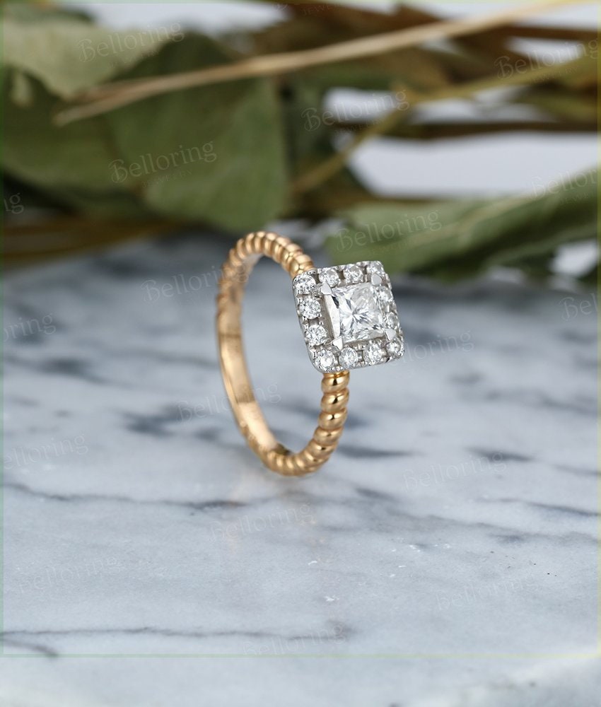 Moissanite Engagement ring Vintage Rose Gold halo  princess cut antique diamond ring art deco Beaded halo Bridal set anniversary gift