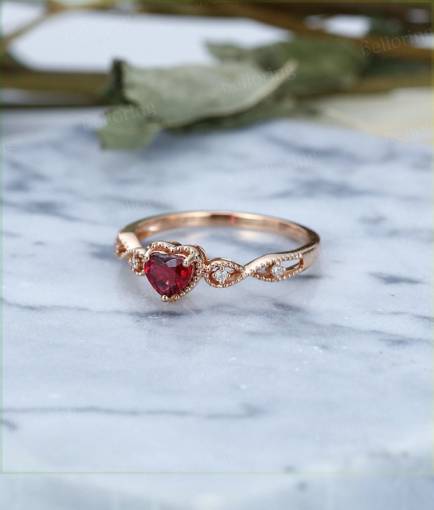 Heart shaped Ruby engagement ring rose gold ring Vintage milgrain diamond wedding ring unique antique art deco Anniversary wedding ring