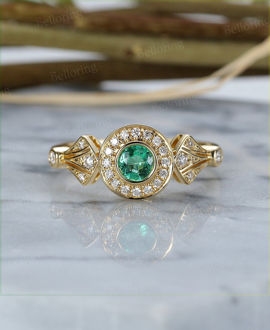 Emerald  Engagement Ring yellow Gold vintage round cut Art Deco Antique halo diamond wedding ring    Promise Anniversary wedding ring