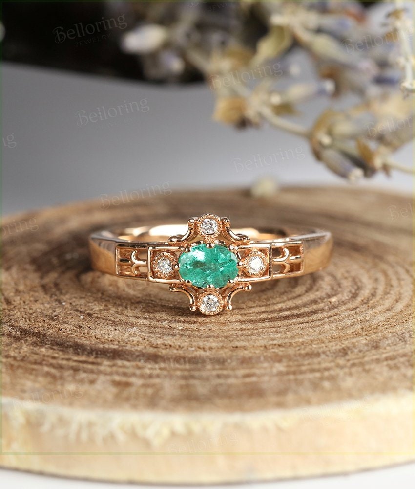 Emerald engagement ring 14k rose gold oval cut vintage Halo diamond Half eternity Wedding   Jewelry birthstone Anniversary wedding ring