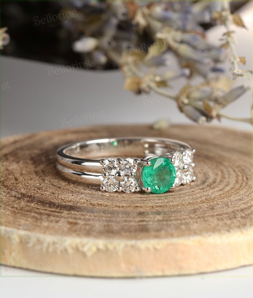 Emerald engagement ring 14k white gold round cut vintage Halo moissanite Half eternity Wedding  Bridal Jewelry Anniversary wedding ring