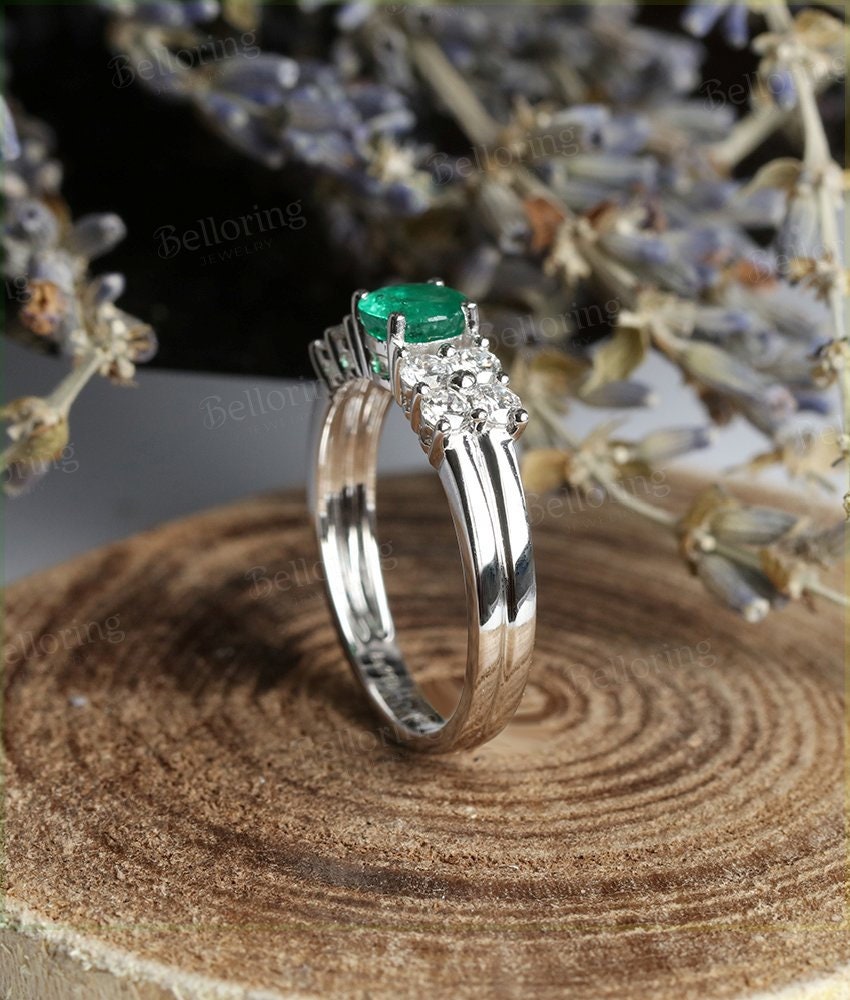 Emerald engagement ring 14k white gold round cut vintage Halo moissanite Half eternity Wedding  Bridal Jewelry Anniversary wedding ring