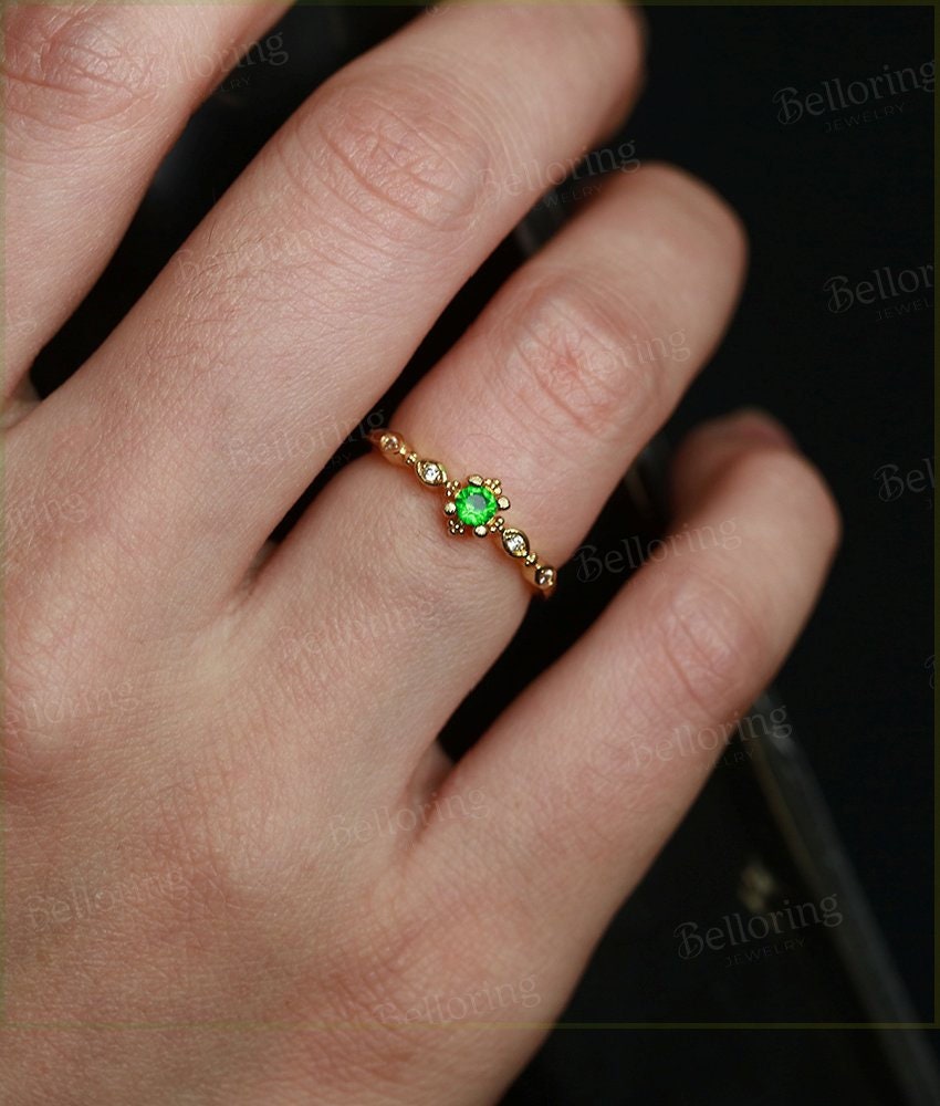 Emerald Engagement Ring  yellow Gold wedding vintage round cut Art Deco unique diamond ring  Promise Anniversary wedding ring