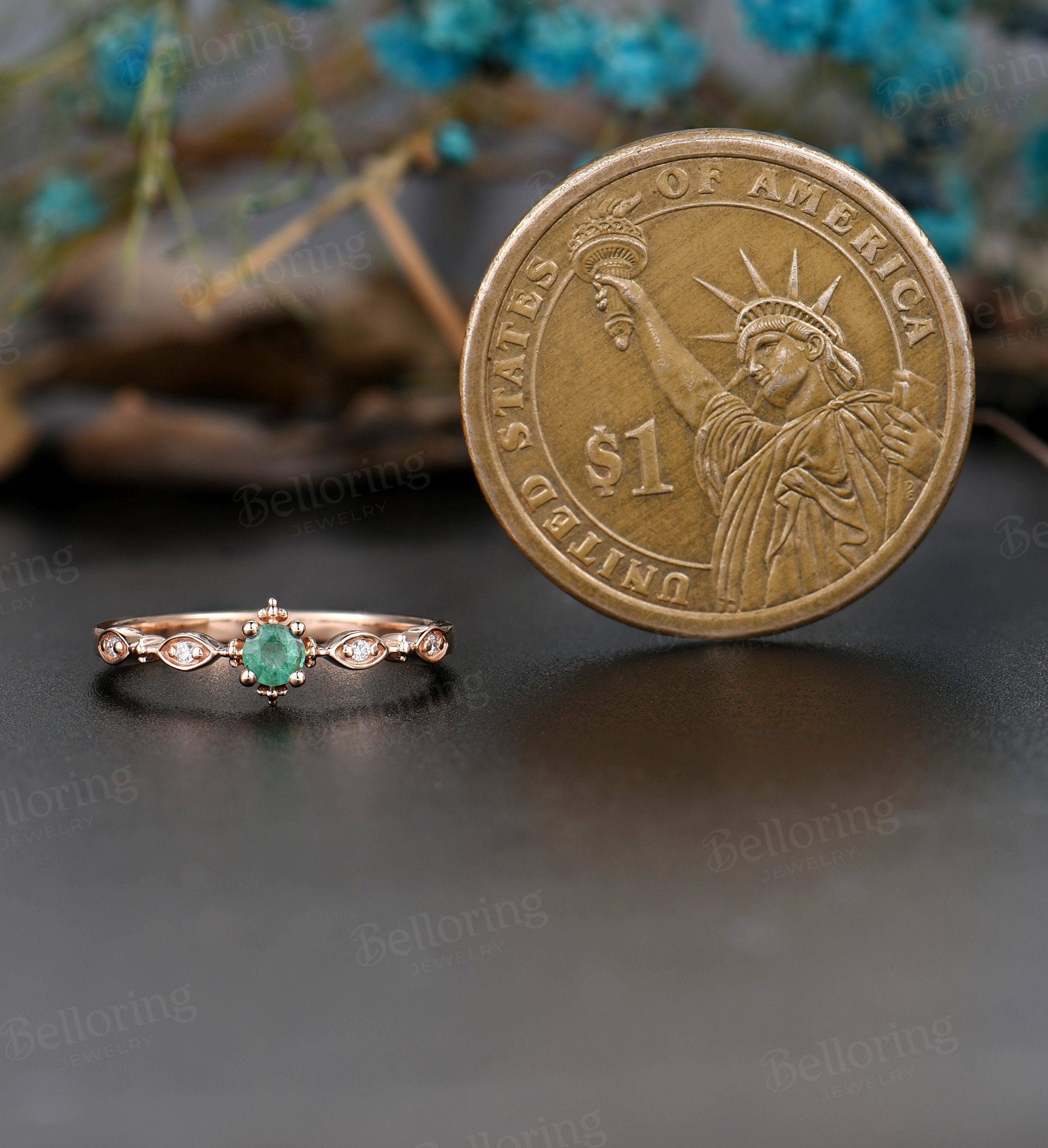 Emerald Engagement Ring rose gold ring wedding vintage round cut ring Art Deco unique diamond ring Promise Anniversary  ring