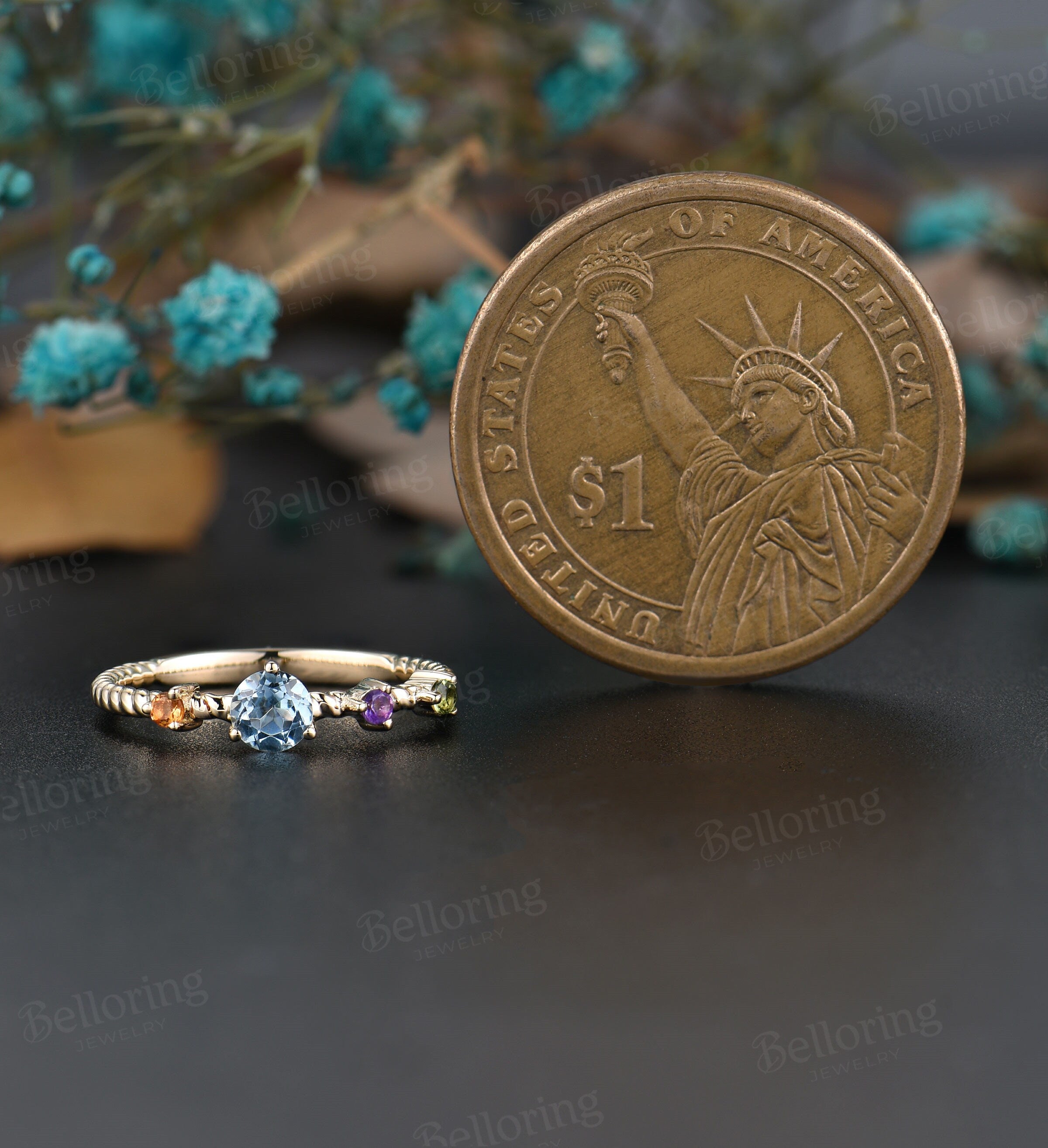 Blue topaz engagement ring Yellow Gold ring citrine wedding ring amethyst round cut ring unique turquoise prong set  ring Anniversary ring