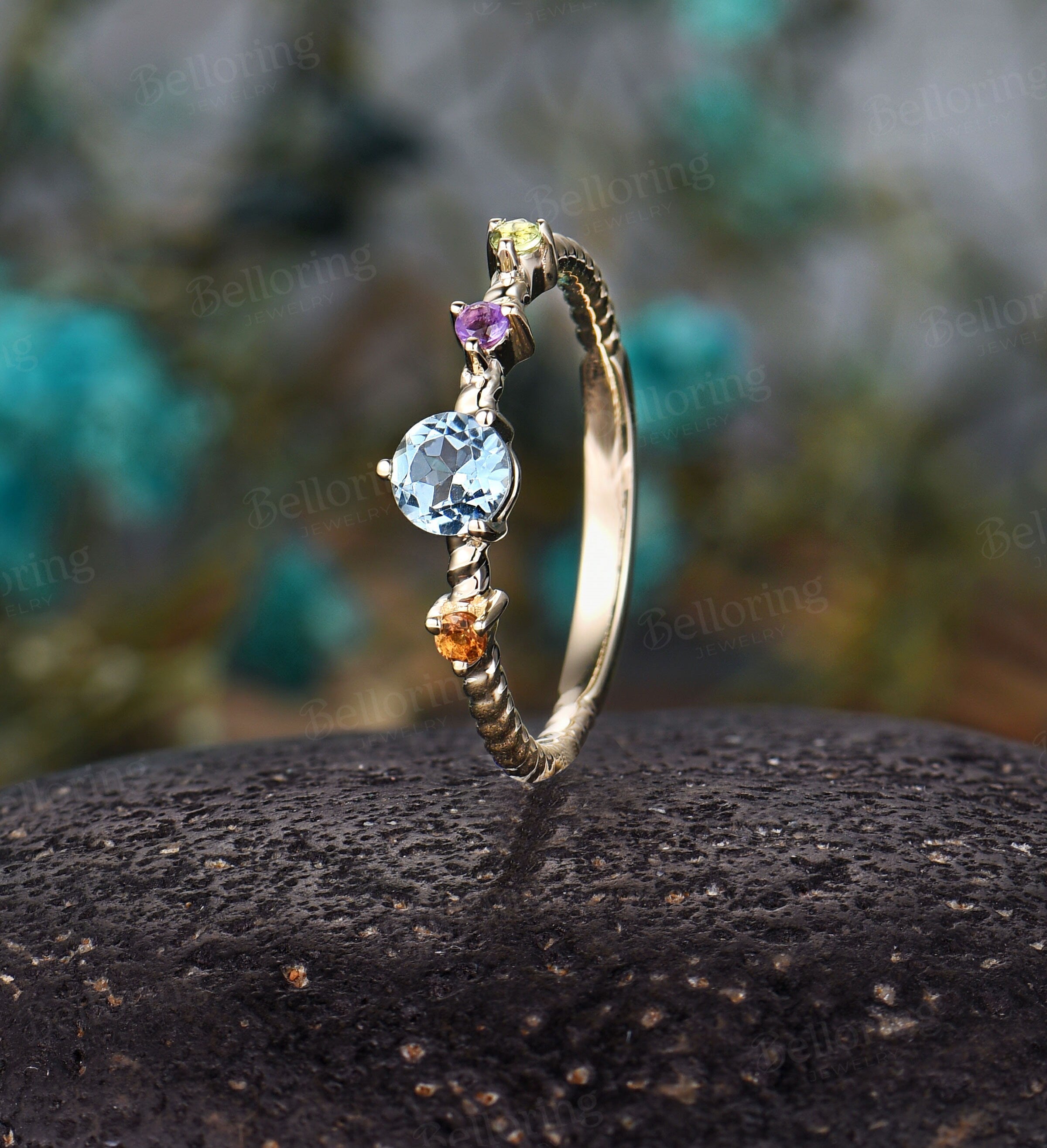 Blue topaz engagement ring Yellow Gold ring citrine wedding ring amethyst round cut ring unique turquoise prong set  ring Anniversary ring