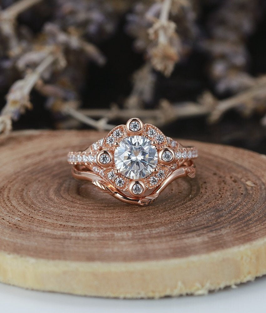 Moissanite Engagement Ring set  rose Gold vintage round cut Milgrain Art Deco  wedding ring   Promise Anniversary wedding ring