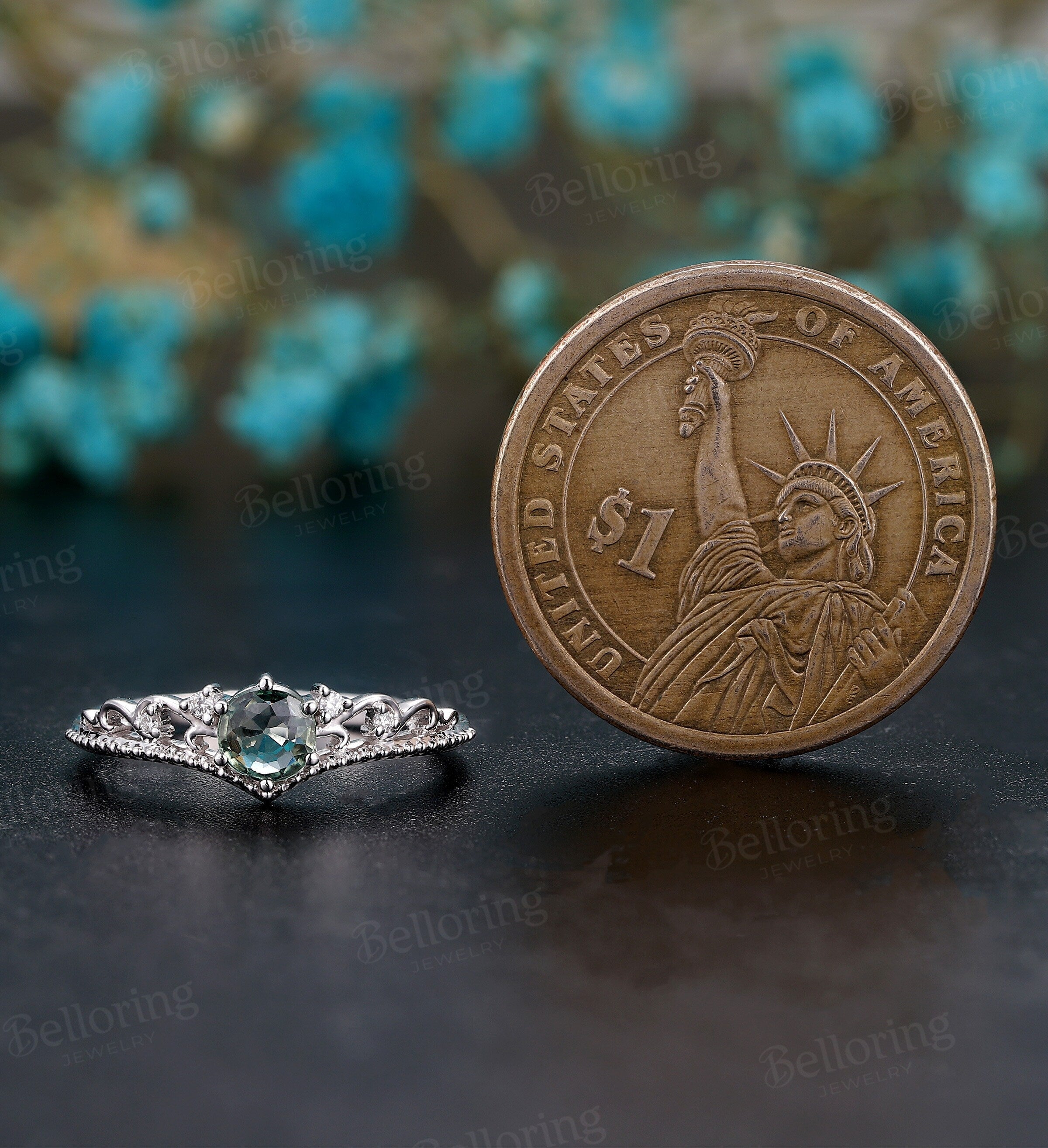 Blue green Sapphire engagement ring women white gold set vintage diamond unique art deco Wedding anniversary promise Teal sapphire ring