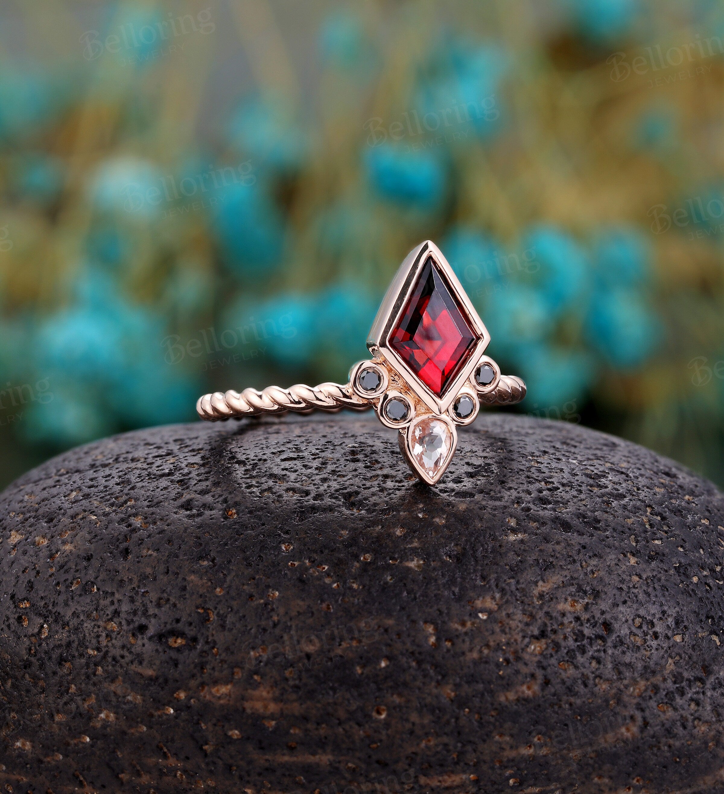 Kite shaped Garnet Engagement Ring/ vintage rose gold twisted band ring/Art Deco unique black diamond wedding ring/ Anniversary ring