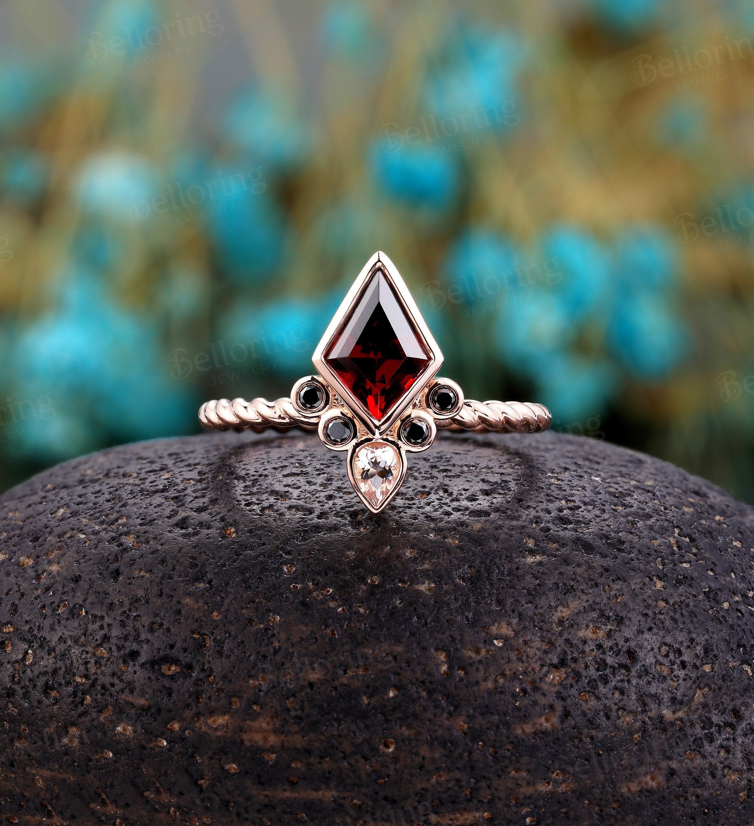 Kite shaped Garnet Engagement Ring/ vintage rose gold twisted band ring/Art Deco unique black diamond wedding ring/ Anniversary ring